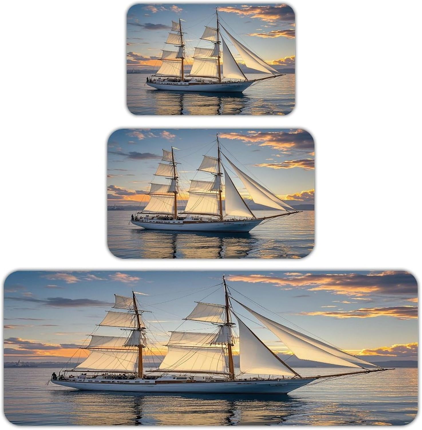 White Sailing Ship at Sunset Kitchen Mats for Floor 3PCS Waterproof Low-Profile Kitchen Rugs Floor Mat Non Slip Anti Fatigue Mats Comfort Standing Mat Runner Rug Area Rug 6"x24"+20"x31"+17"x47"