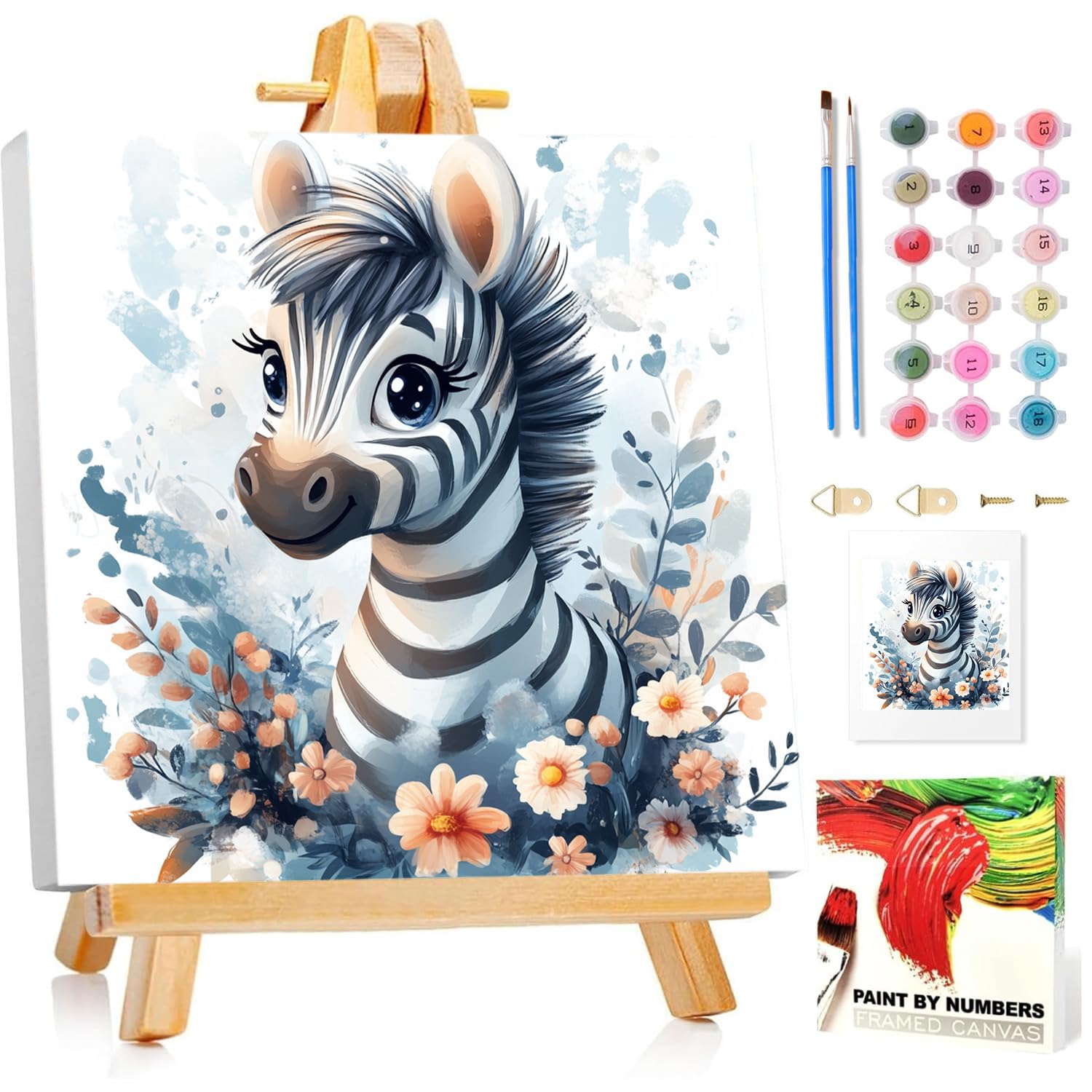 Malen Nach Zahlen Kinder mit Rahmen, Zebra Malen nach zahlen kinder ab 5 6 7 8 9 10 Jahre, Malset mit Rahmen, Pinsel und Acrylfarben, Geschenk für Mädchen und Jungen, mit Glitzer 20x20cm