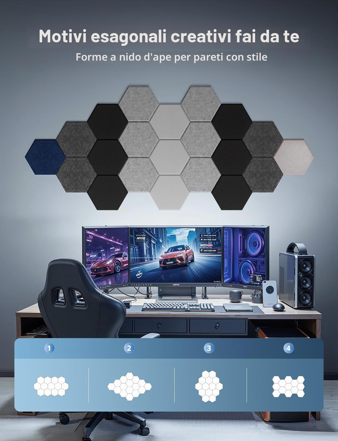 Kuchoow Paneles Acusticos Hexagonales Pared Autoadhesivo, Bundle 12 piezas Negro y 12 piezas Gris oscuro