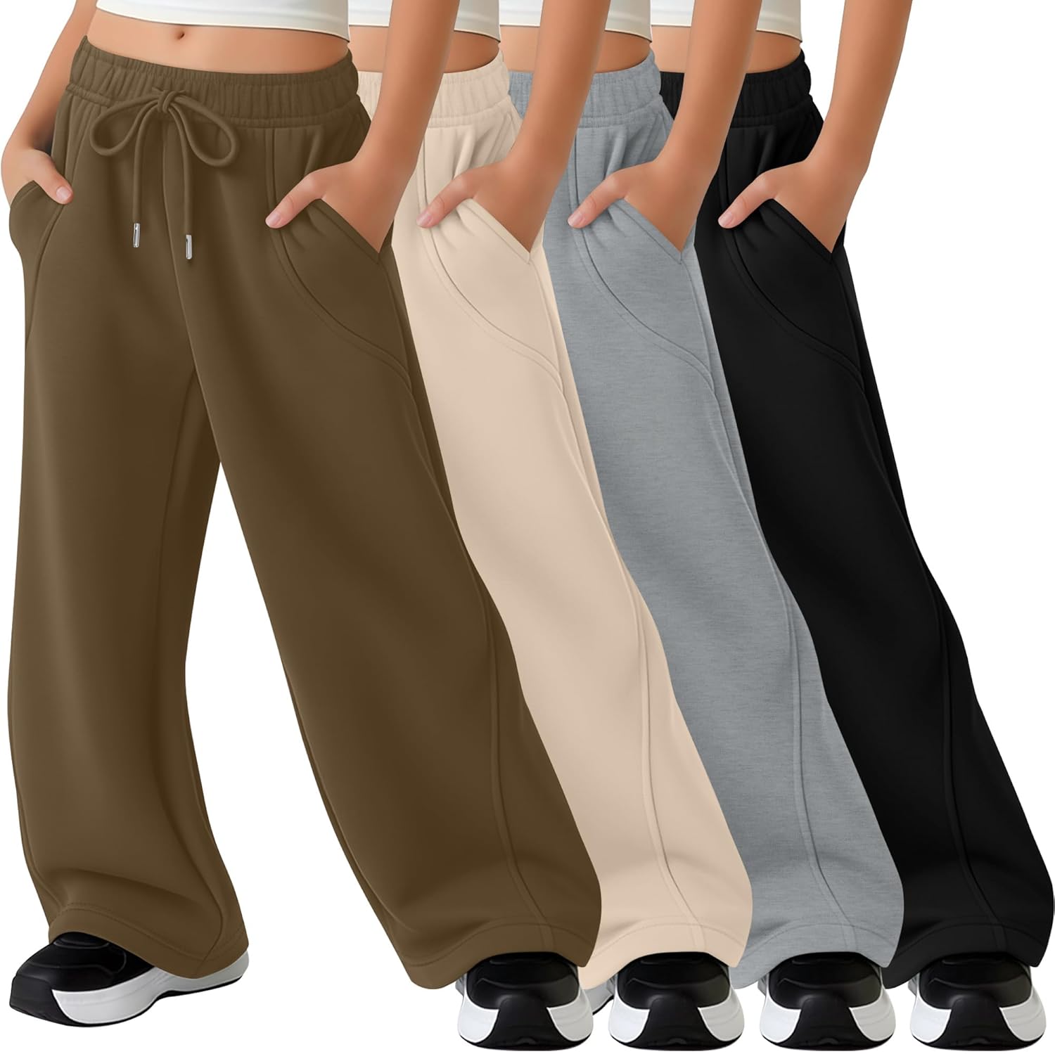 4 Pack Girls' Sweatpants Wide Leg Drawstring Baggy Pants Kids Elastic Waist High Waisted Joggers with Pockets 5-14Y