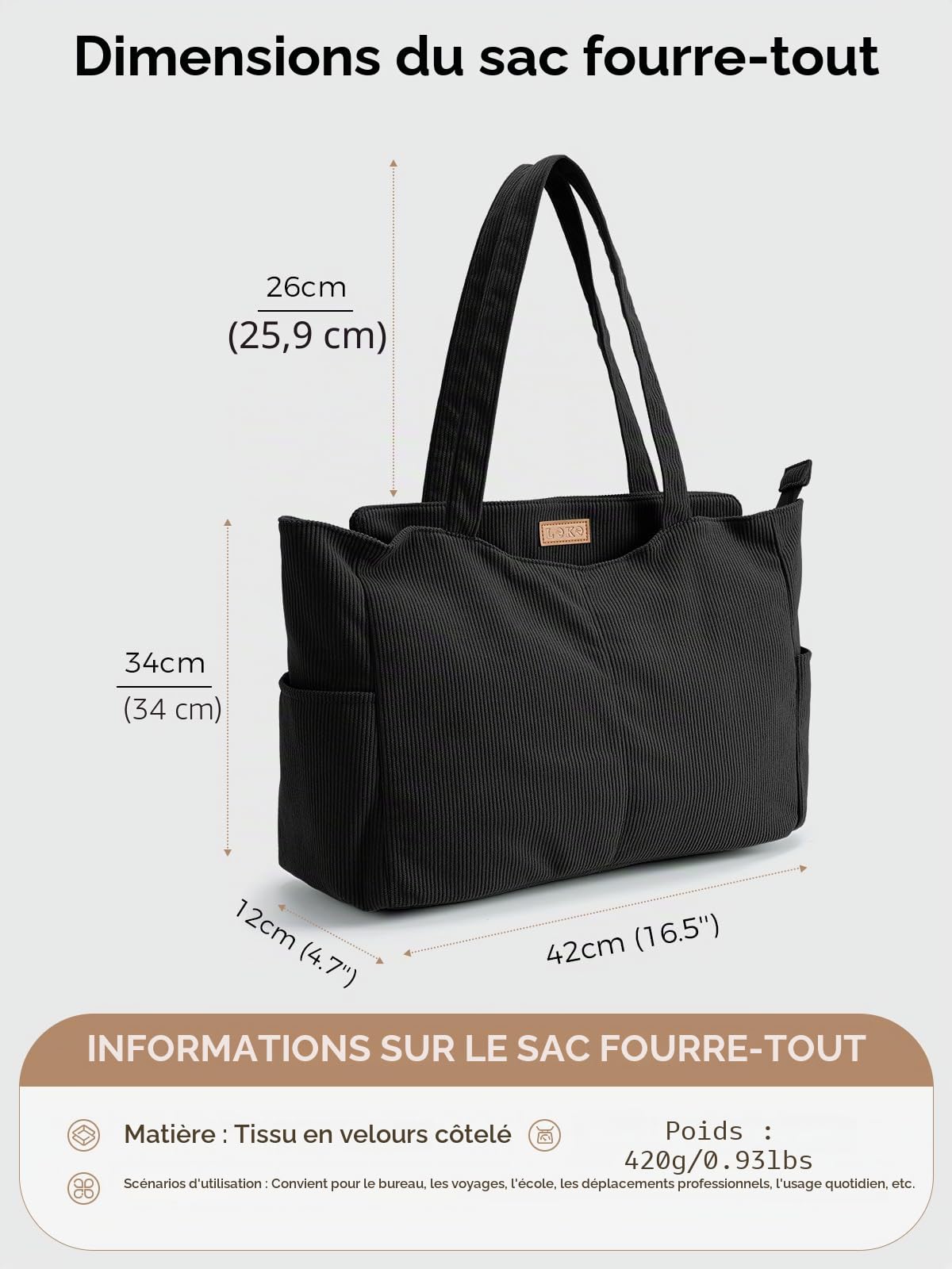 Lekesping Sac Fourre Tout Femme Grand en Velours Côtelé, Sac à Main Cabas Femme avec Fermeture Éclair, Sacs Bandoulière Ordinateur Portable 15,6 Pouces pour Plage Travail Cours Shopping Sport