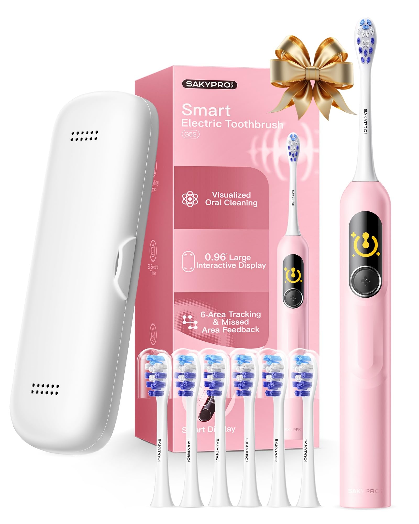 SAKYPRORAL AI Electric Toothbrush for Adults, Sonic Rechargeable Whitening Toothbrush with 6-Zone Tracking, Soft Replacement Heads & Travel Case (Pink, 1 Count with 6 Brush Heads)