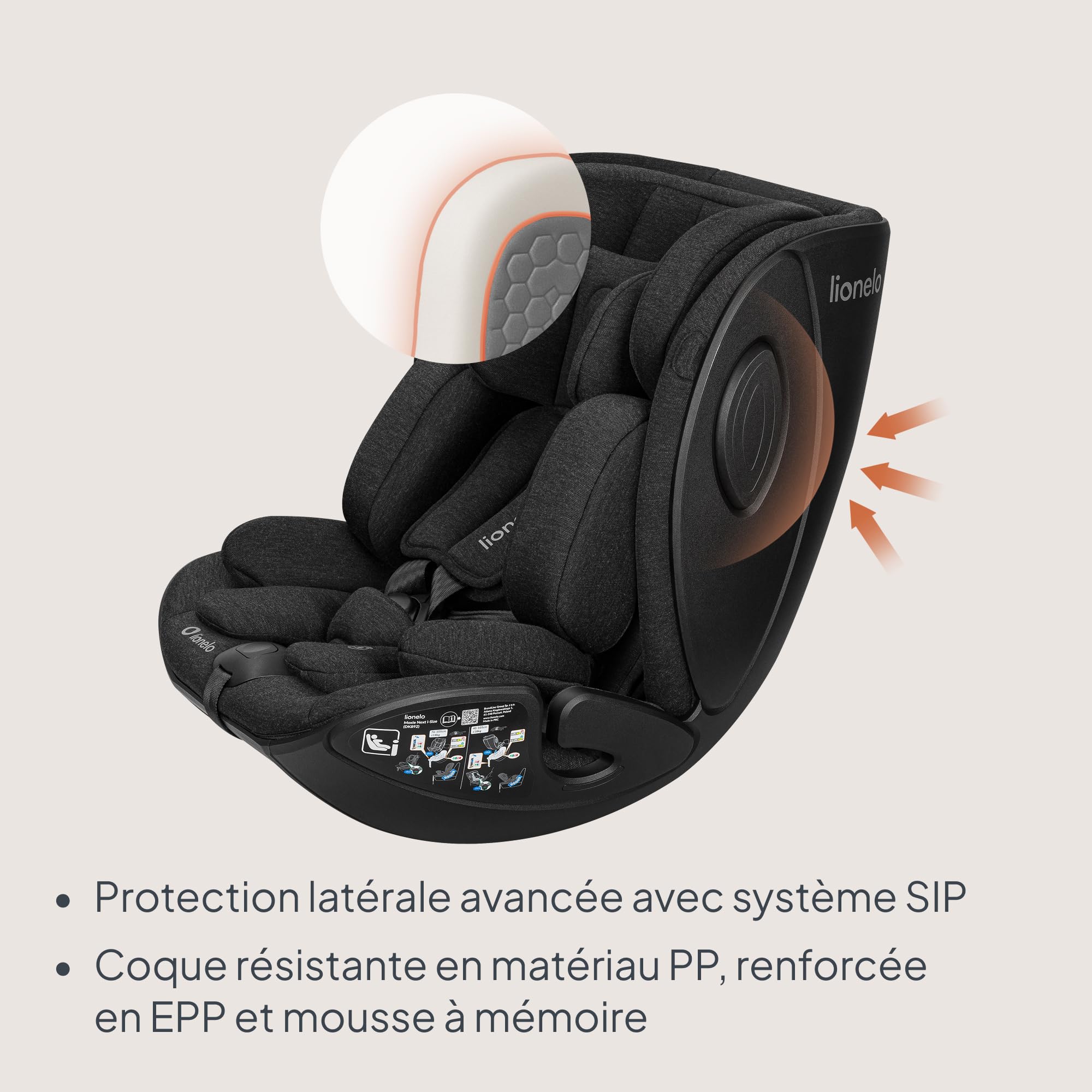 Lionelo Moxie Next i-Size Siège Auto Pivotant Pour Bébé Env. 0-4 Ans (40-105 Cm), 0-18 Kg, Installation Sur Base Rotative 360°, Protection Latérale SIP (Black)