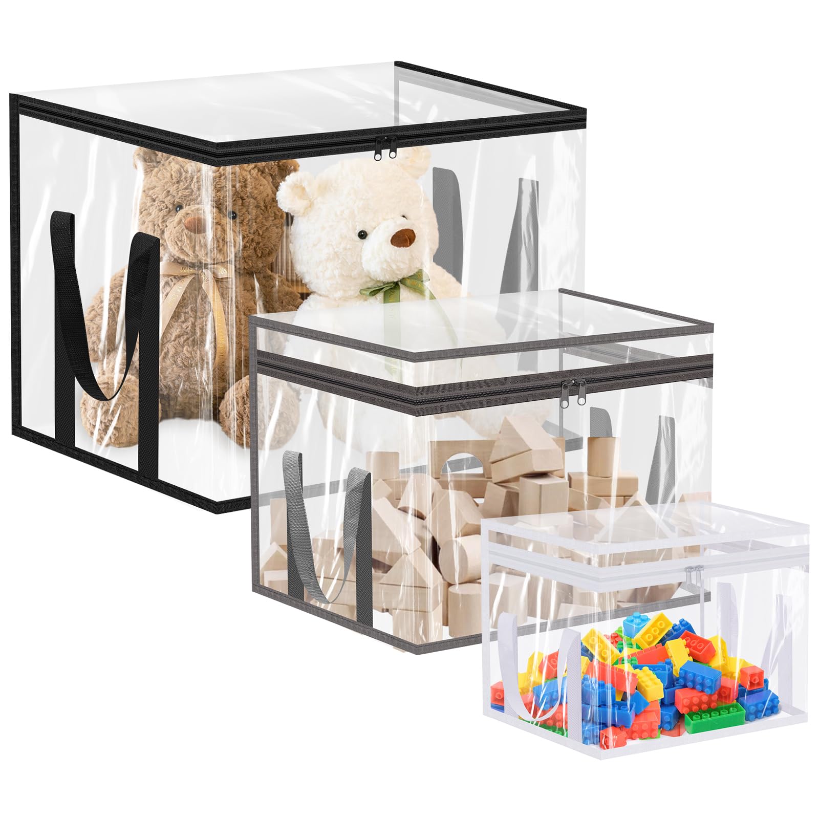 Fantasyon 3 Packs Large Toy Storage Bags, Reusable Clear Toy Storage Organizer with Zipper, Travel Waterproof Organizer Bags for Building Blocks, Puzzle, Kids Books, Board Games