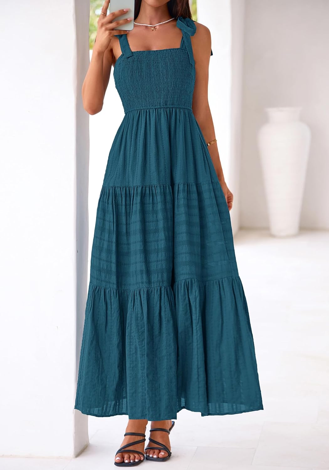 BTFBM Women's 2026 Spring Boho Spaghetti Strap Dress Casual Sleeveless Smocked A Line Beach Sundress Long Maxi Dresses - Image 5