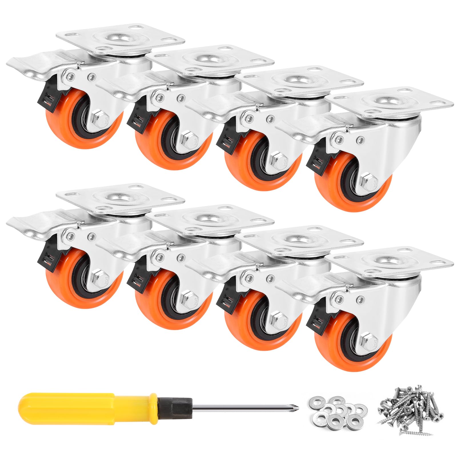 W B D WEIBIDA 50mm Lenkrollen mit Bremse, 360-Grad Möbelrollen Schwerlast mit 68KG Tragfähigkeit pro Stück, Lautlose Polyurethan Rollen mit Doppelverriegelung für Möbel Transport, Tisch, 8er-Set