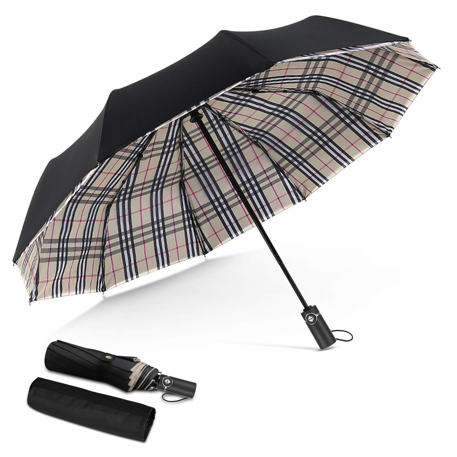 Dorriso Men's Checkered Umbrella Strongest Windproof Travel Umbrella Automatic Folding Rain Umbrella Portable Compact Superior Business Durable Premium Handle For Wo Umbrellas Fits Car & Backpack