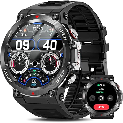 Military Smart Watch Men (Make Call/Answer), 2023 Newest Outdoor Waterproof Smartwatch, Rugged Bluetooth Smart Watch for Android iPhone, Tactical Fitness Tracker with Heart Rate/AI Voice, Silver Black
