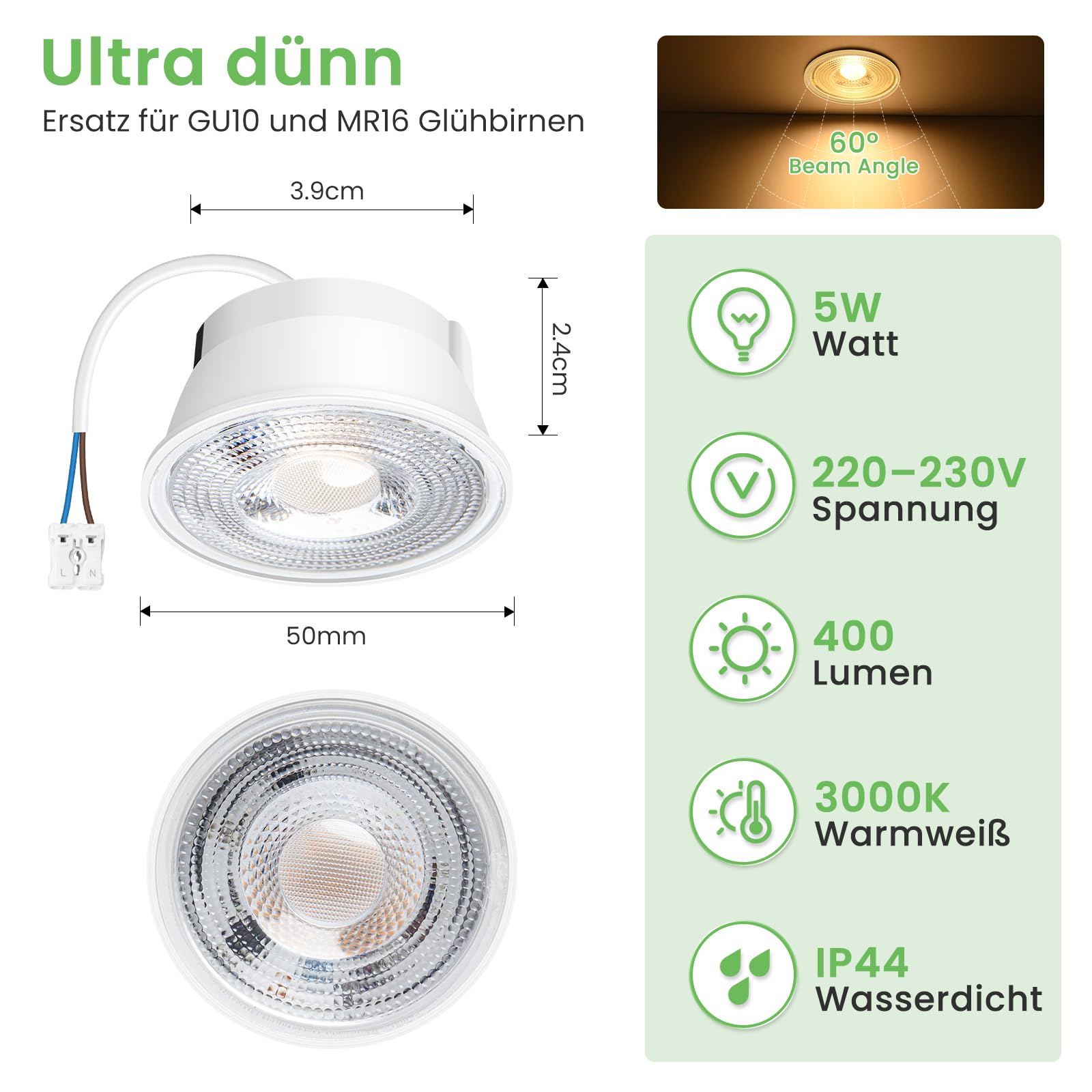 ALUSSO LED Modul Ultra Flach ø50x24mm für Einbaustrahler, 5W 400lm 230V | Warmweiß 3000K Nicht Dimmbar, Ersetzt GU10 MR16 Leuchtmittel, IP44 Wasserdicht, 12er