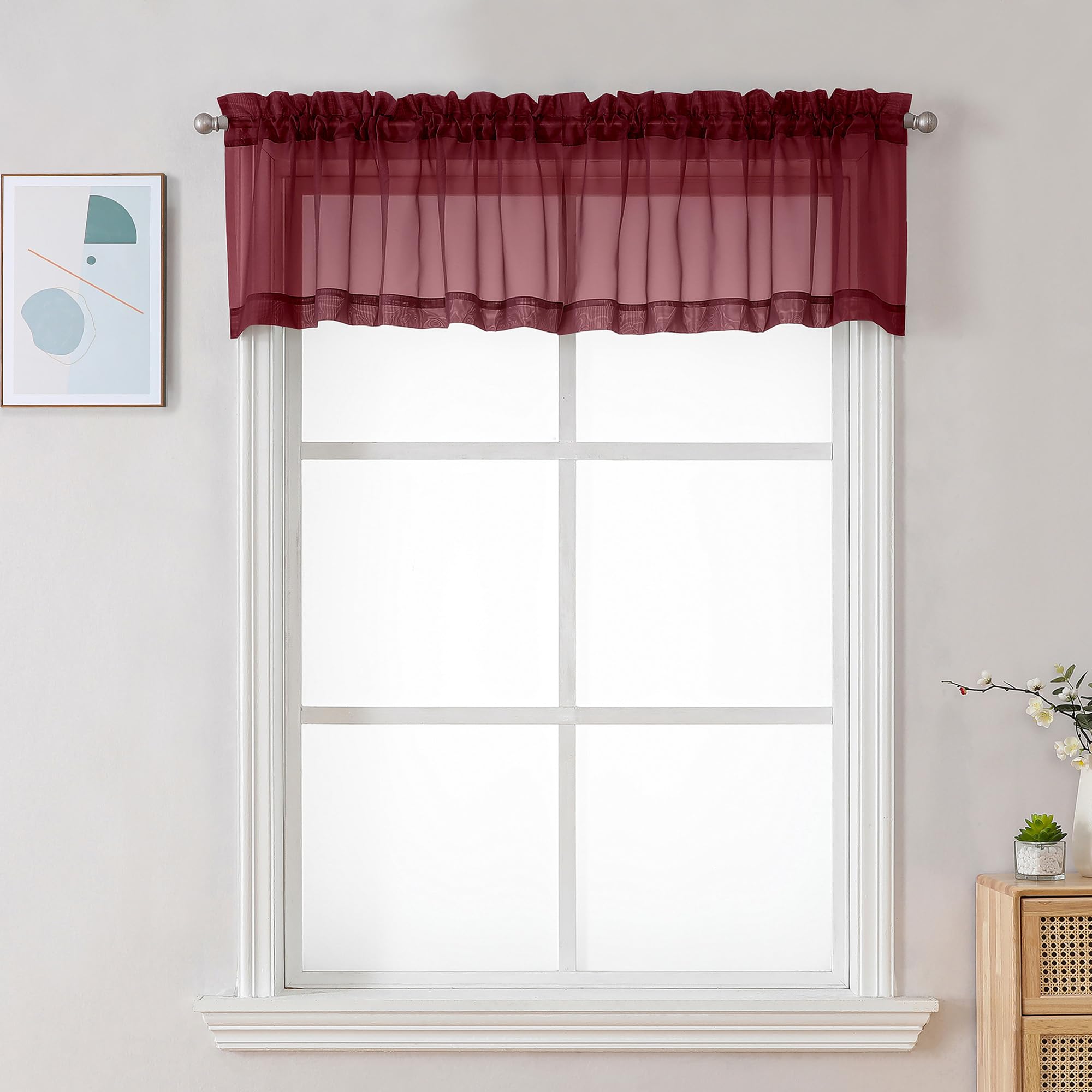 Chyhomenyc Burgundy Sheer Valance for Windows, 42Wx12L, 2 Pack | Light Filtering Voile Soft Airy Topper Small Window Treatment Rod Pocket, Living Room Bedroom Laundry Basement