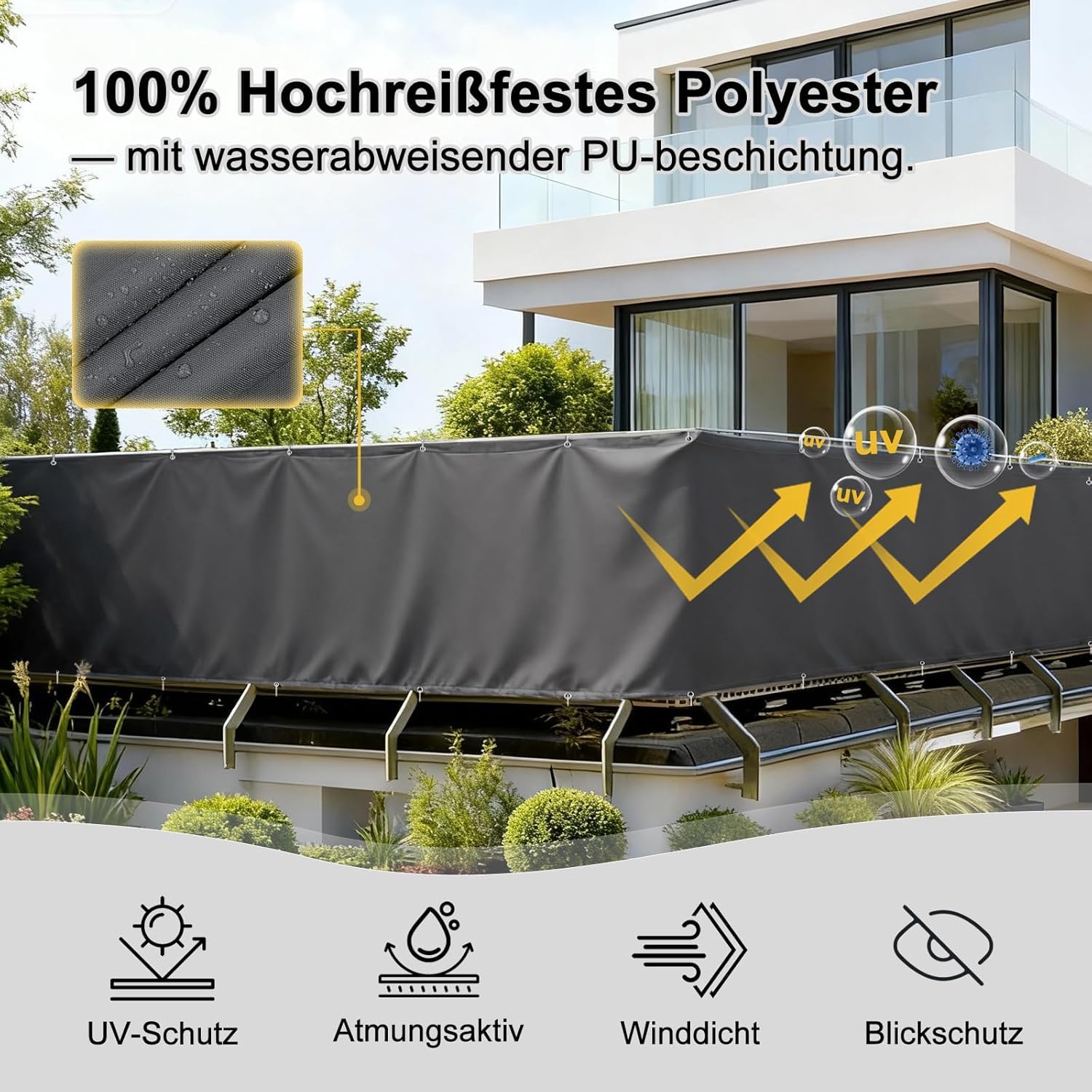Balkon Sichtschutz (Anthrazitgrau) 140x850cm inkl. Kabelbinder Wetterfest Blickschutz Balkonverkleidung Balkonbespannung Sonnenschutz Balkongeländer Windschutz