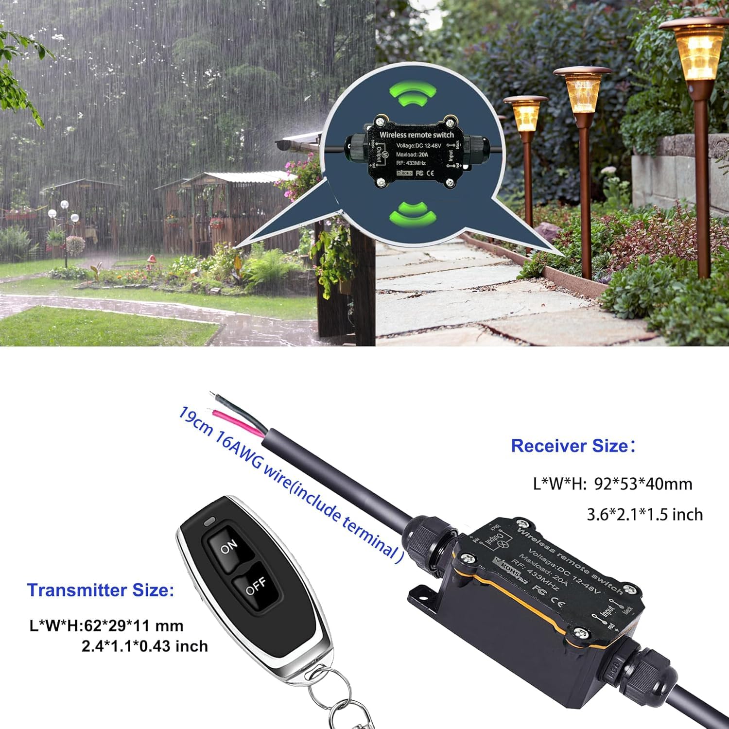 Interruttore remoto impermeabile da 12 V, DC12 V/24 V/48 V 20 A, interruttore radio con lunghezza di 50 m, per ambienti umidi, esterni, luce, pompa