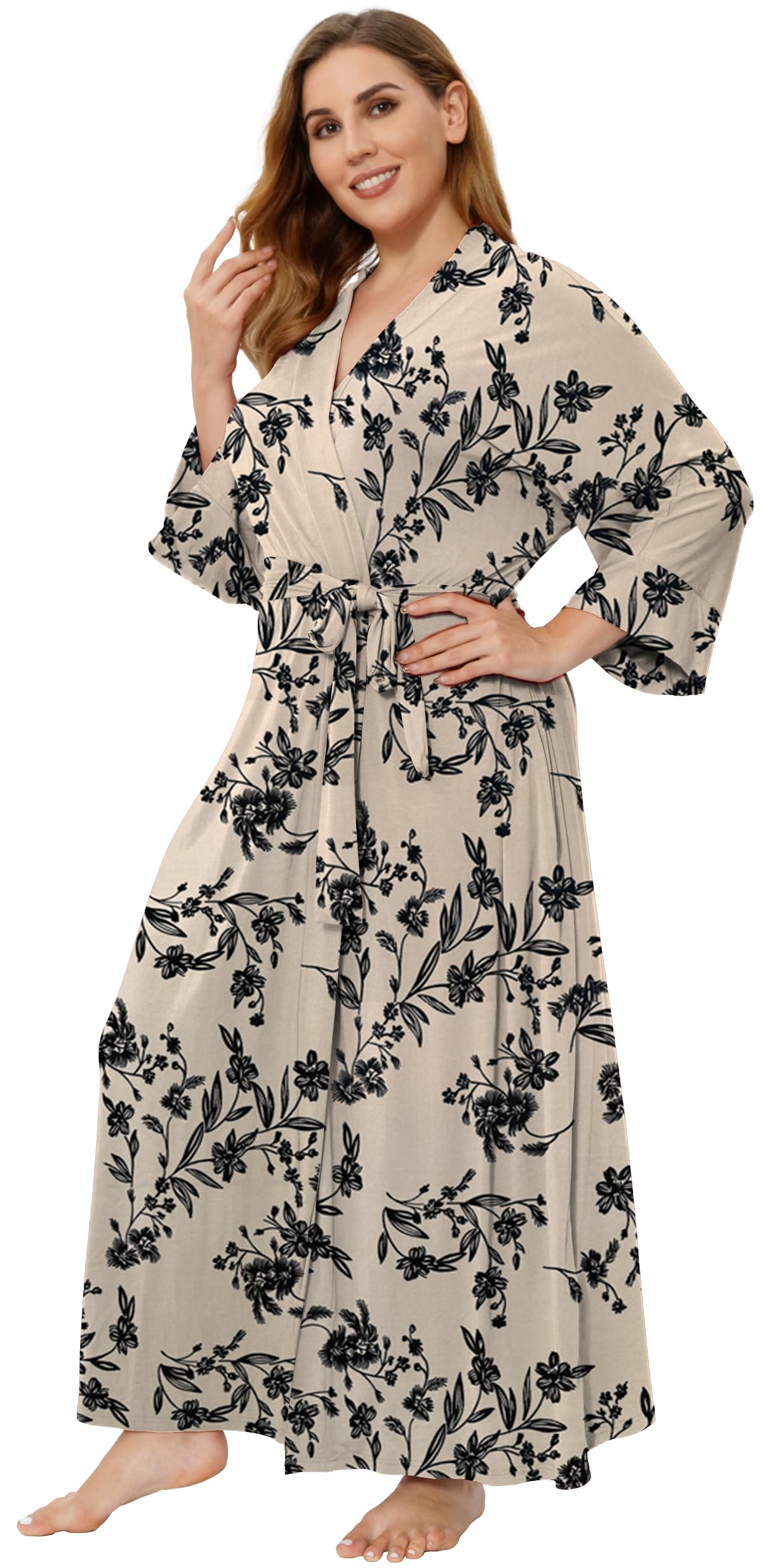 Women's Plus Size Cotton Kimono Robes Soft Long Knit Bathrobes Lightweight Sleepwear V-Neck Ladies Loungewear