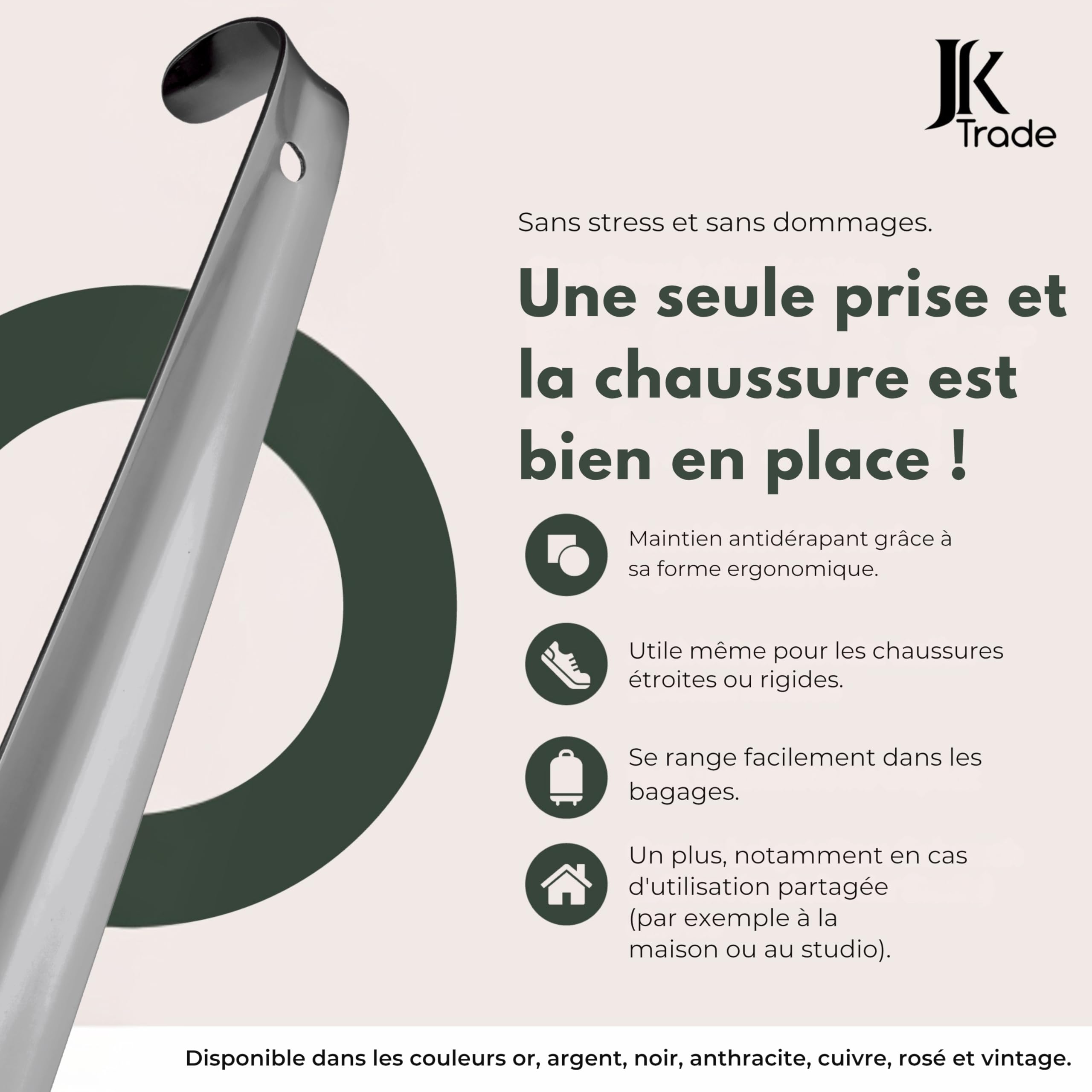 JK Trade Chausse-pied long en acier inoxydable stable de 42 cm - Long chausse-pied en acier inoxydable - Rapide et facile - Longueur et largeur optimisées - Shoe Horn Business - Anthracite