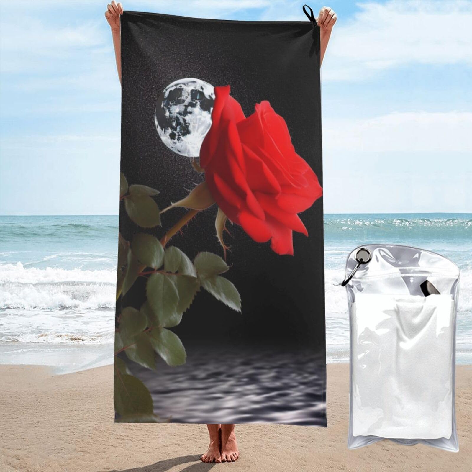 BWWHCCTI Red Rose Under Moon Printed Microfiber Quick Dry Beach Towel 80x160 CM, Fast Drying Bath Towels with Bags for Travel,Camping,Gym,Beach,Swimming,Yoga