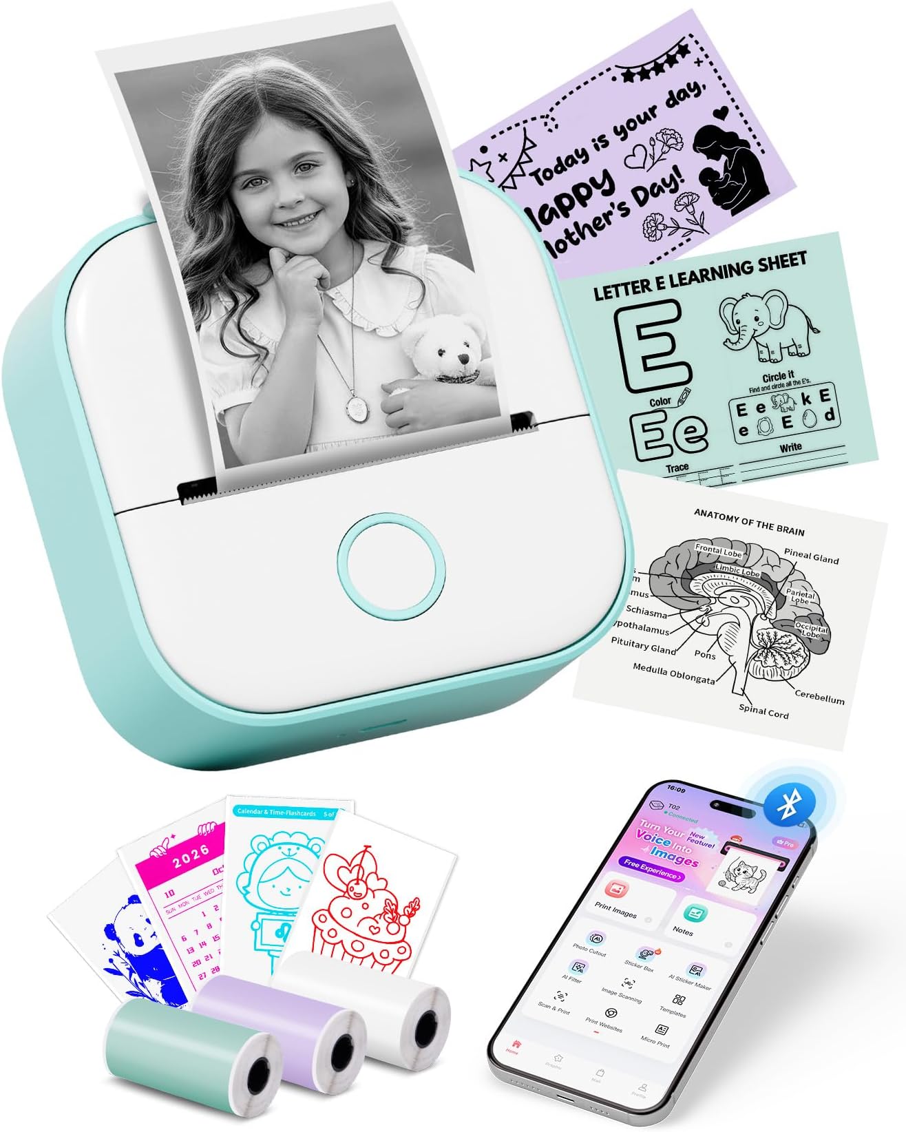 Memoking Sticker Printer - T02 Mini Thermal Printer for Kids, Smart AI APP, Portable Bluetooth Sticker Label Maker Machine, Pocket Phone Printer for iPhone, for Study, Anatomical Diagram, DIY, Photos
