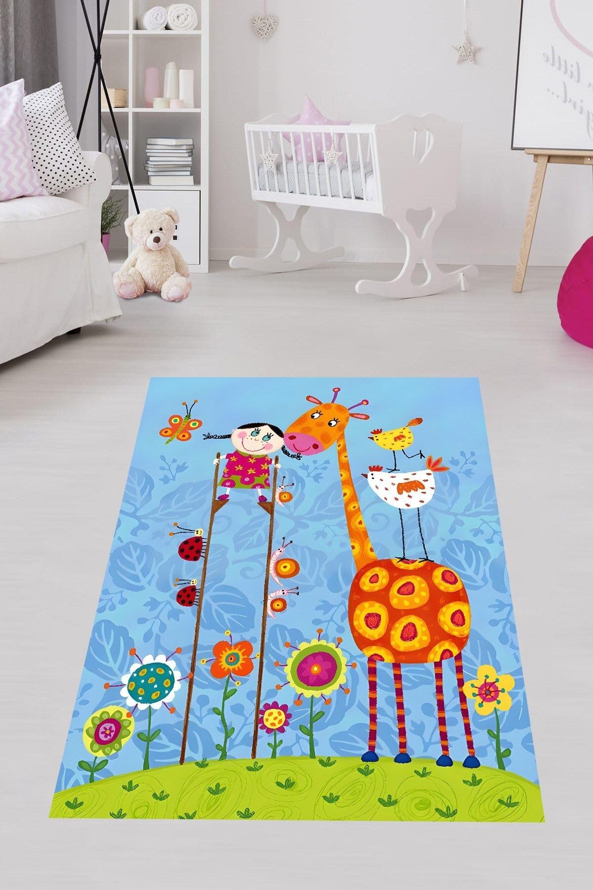Pelangi Neşeli Çocuk ve Hayvan Sevgisi Zürafa Yıkanabilir Kaymaz Taban Leke Tutmaz Çocuk Odası Halısık, Turuncu-Mavi 120 x 200, 76420101202001