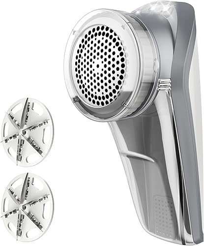 MR.SIGA Afeitadora de tela y removedor de pelusas, afeitadora portátil a pilas con luces LED, 2 cuchillas reemplazables de 6 hojas, crema/gris