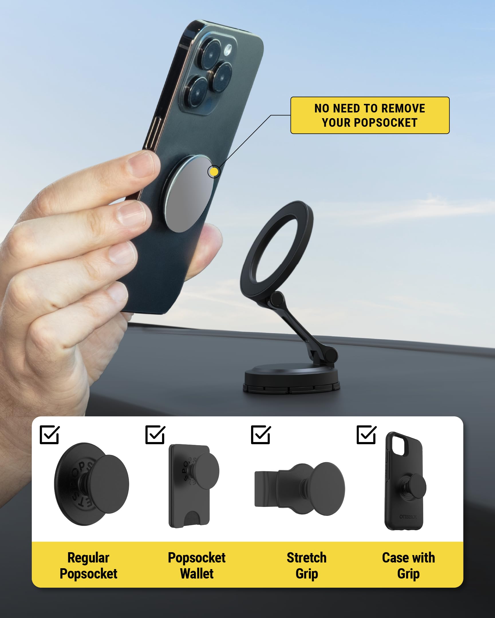Scosche MagSafe Car Mount, Magnetic Phone Holder for Car Dashboard & Windshield with Foldable Arm, Adhesive Swivel Base with 360° Rotation, Compatible with iPhone 17/16/15/14/13/12 and PopSockets view 6