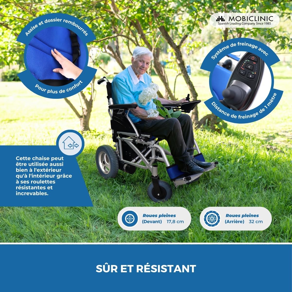 Mobiclinic®, Fauteuil roulant électrique lyra pliable, Autonomie 20 km, 2 batteries au gel 24v/200w*2, Aluminium, Ultra-léger, Poids, Jusqu'à 120 kg, Avec marche arrière, Joystick ambidextre
