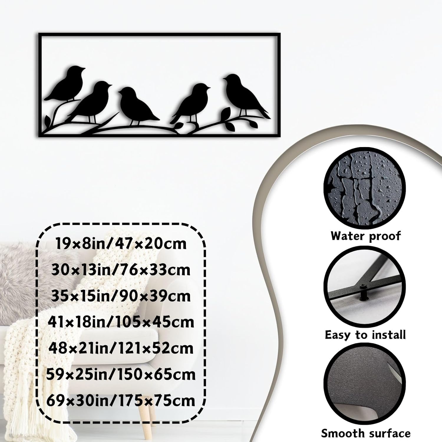 ENJOYOO Metal Birds Wall Decor, Metal Bird Silhouette Tree Art for Living Room, Bedroom, Outdoor (Black, 35×15in/90×39cm, metal wall art)