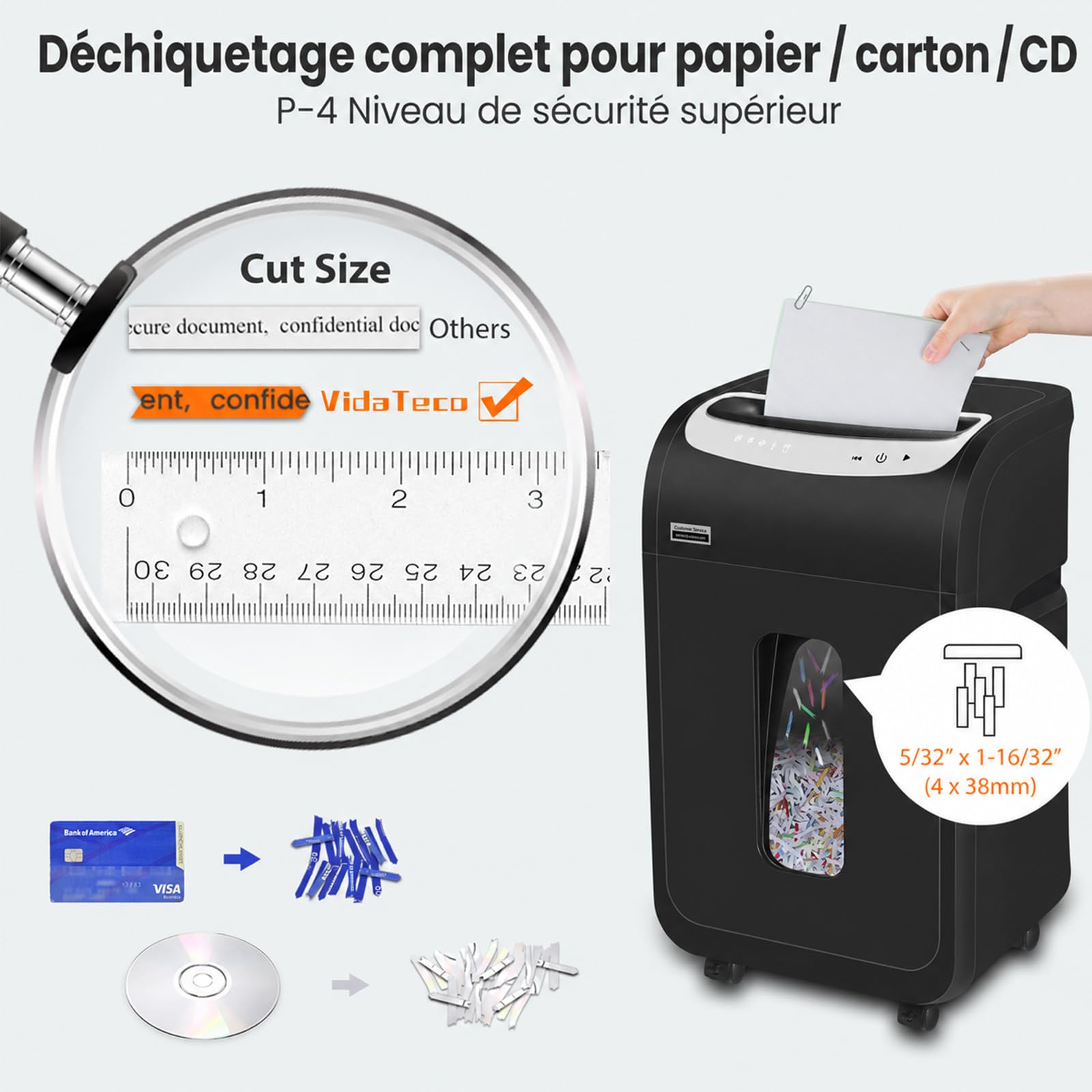 Destructeur de Documents Bureau VidaTeco Coupe Micro P4 25 Feuilles 60min Continu 30L Anti-bourrage Noir