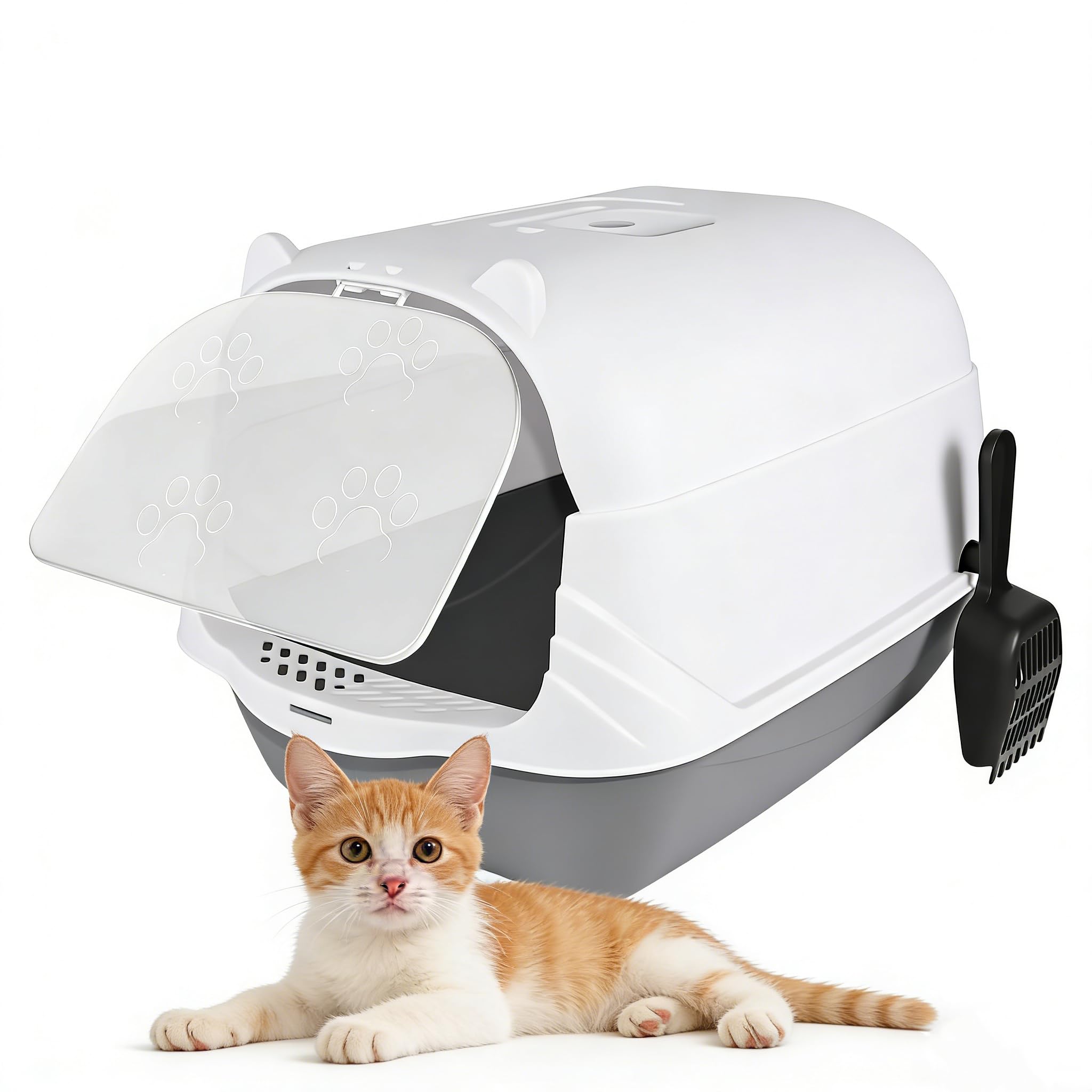 Large Hooded Cat Litter Box – Grey Enclosed Litter Tray with Double-Action Door & Carbon Filter, High-Sided Anti-Spill Design, Portable with Carry Handle, Includes Litter Scoop & Deodorizing Bag