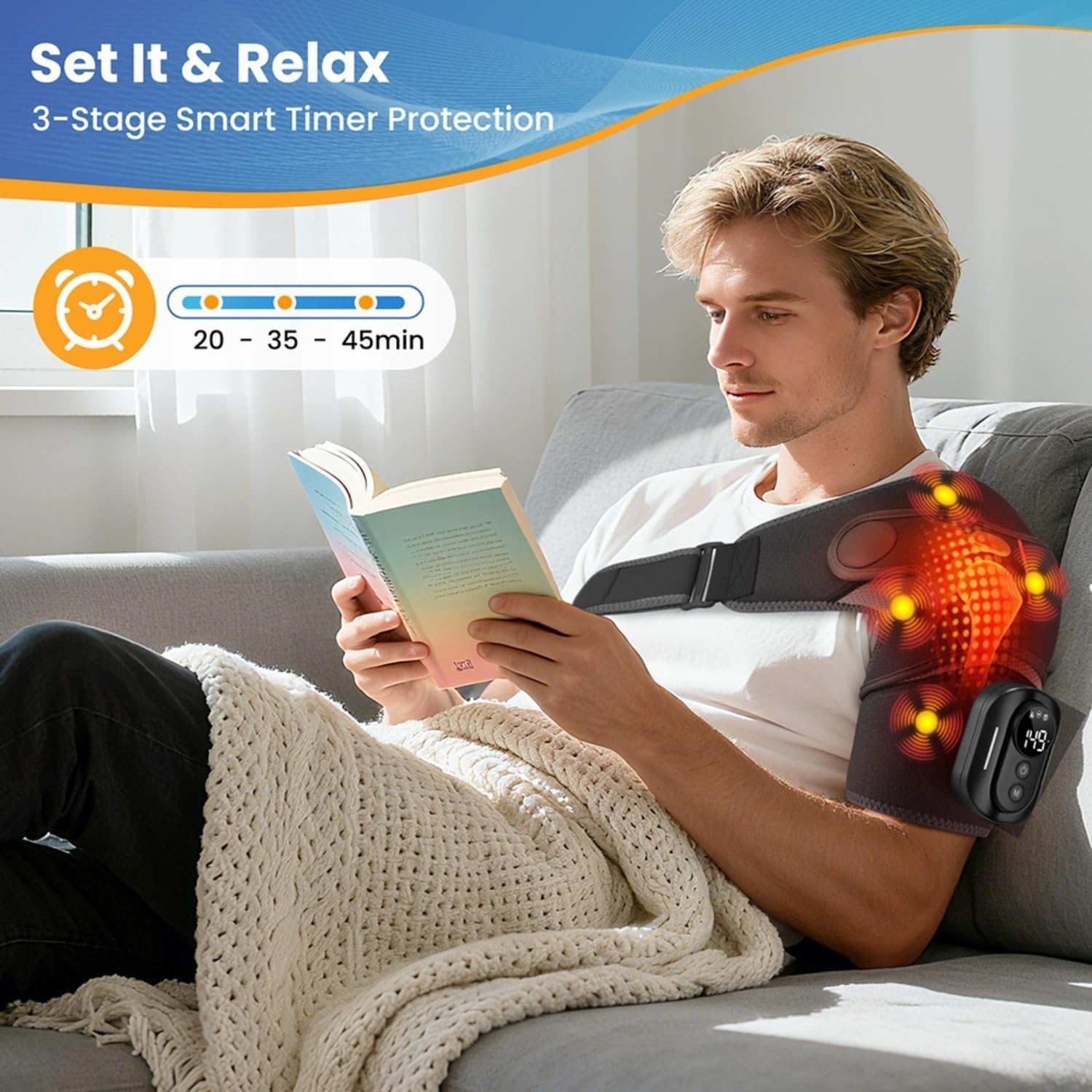 Hewelth Masseur D'épaule Triple Method, Doté De Fonctions De Thermothérapie, De Massage Et De Compression Par Coussins Gonflables (Noir,Télécommande)