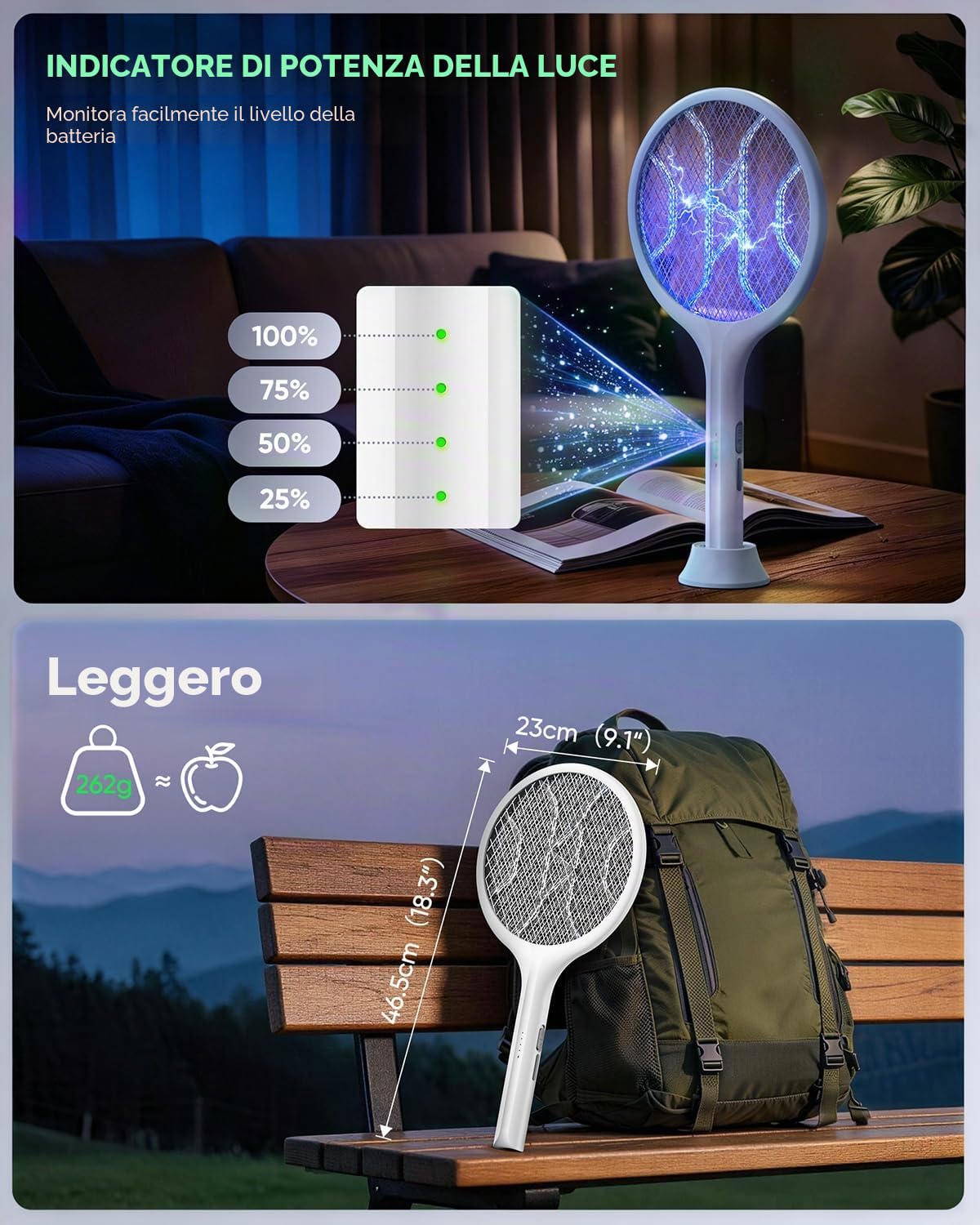 VIWAVE Racchetta Zanzare Elettrica 4000V 2 in 1 Luce UV USB-C 1800mAh Ricaricabile Maglia 3 Strati Antizanzare