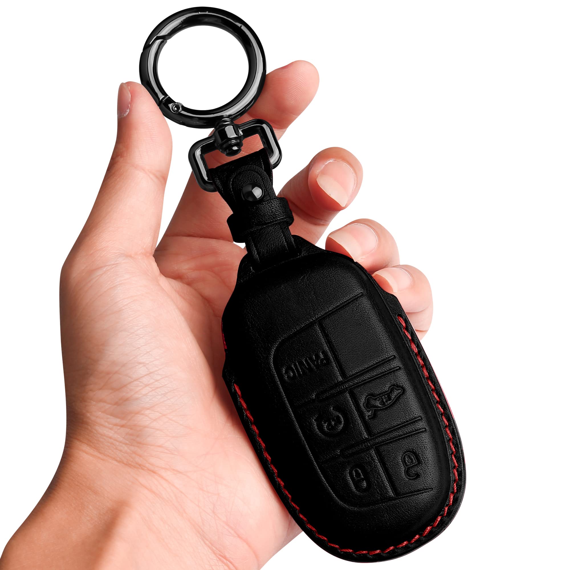 Tukellen for Jeep/Dodge Key Fob Cover Leather,Leather Key Case Protector Compatible Jeep Grand Cherokee Renegade Chrysler 200 300 Dodge RAM Durango Challenger Journey Dart Fiat-Black(Red line)