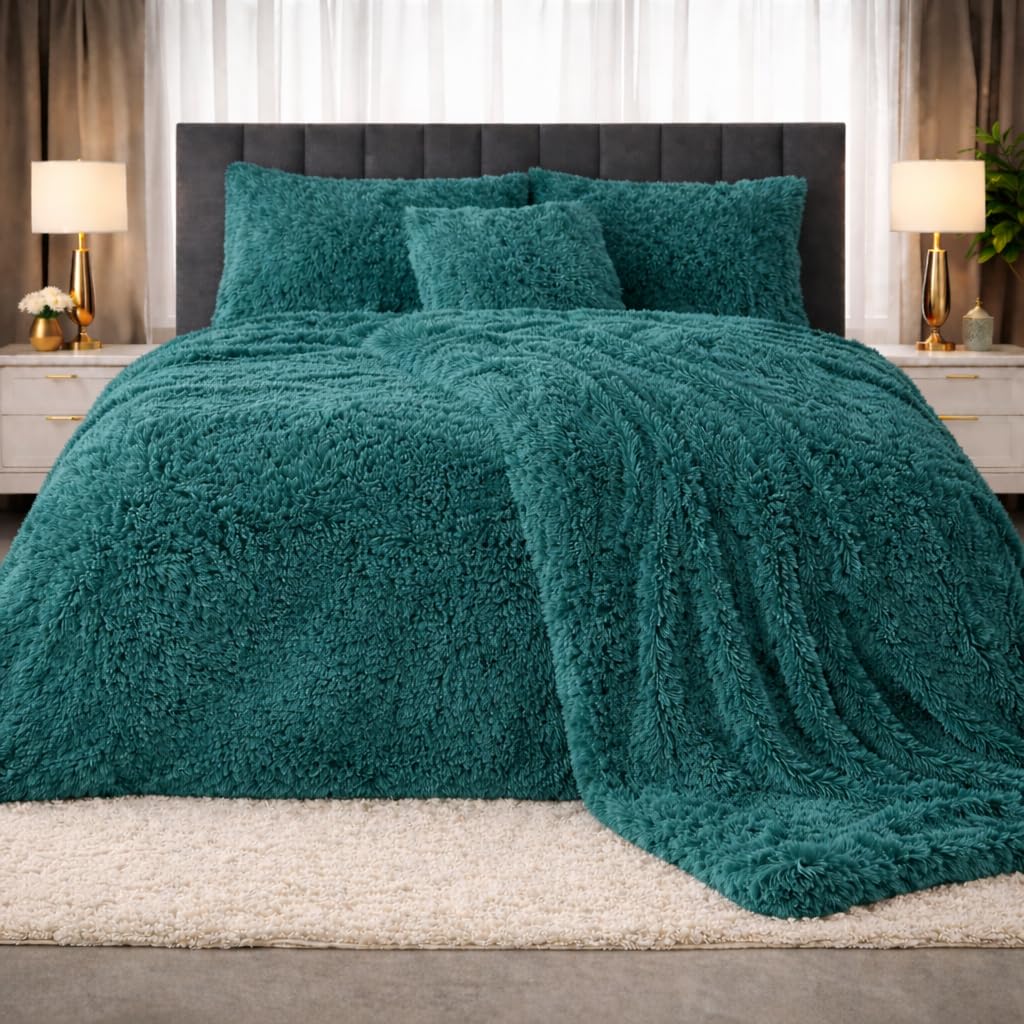 PARADISE STAR Teddy Bear Cuddles Fleece Duvet Cover Set – Alaska Luxury Faux Fur Bedding with Matching Pillowcases, Super Soft Warm Plush Winter Quilt Cover Bed (Teal, King)