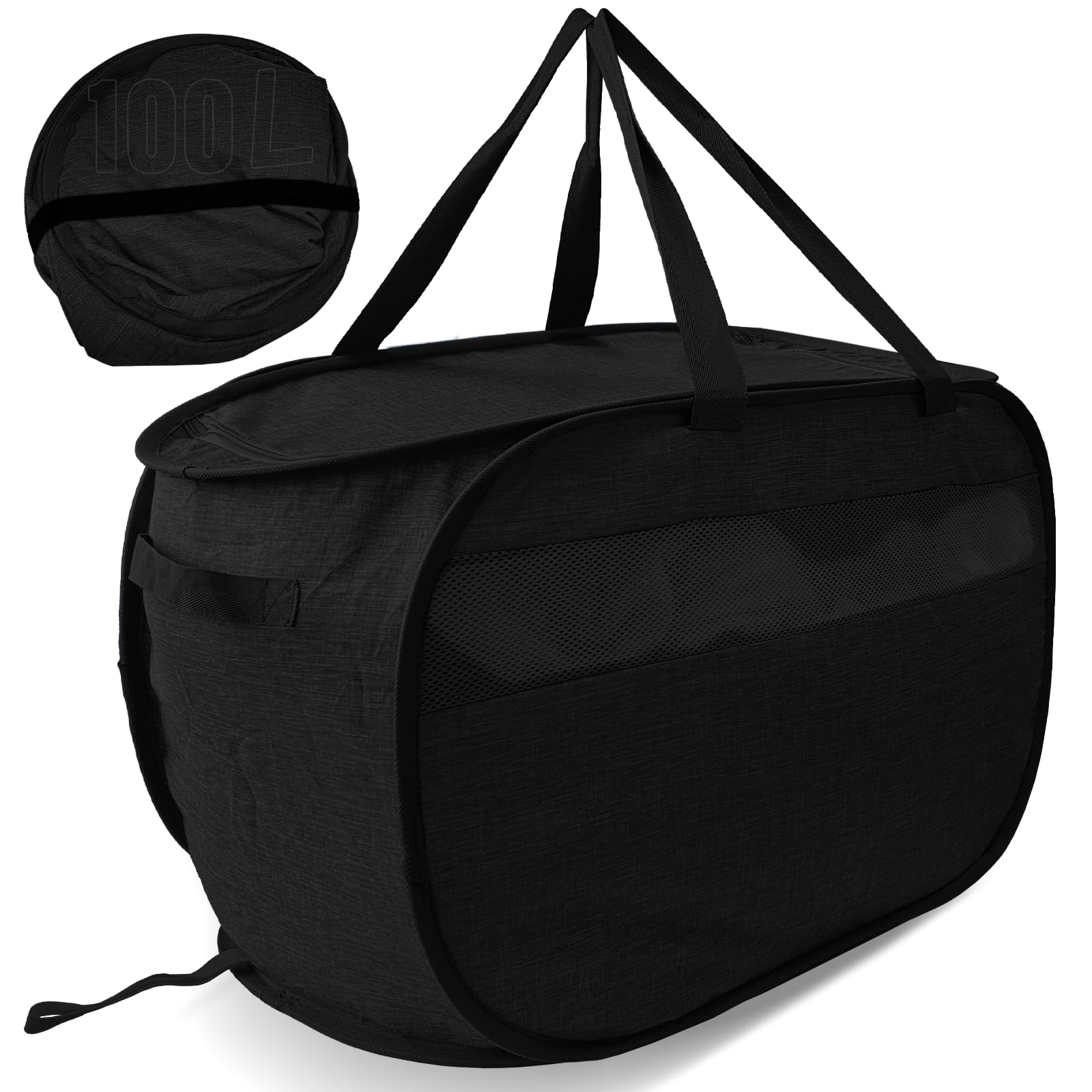 Upgraded 100L Extra Large Mesh Pop Up Laundry Hamper with Lid &amp; Handles, XL Foldable Dirty Clothes Basket for Home Dorm Closet Storage, Portable Laundry Bin, Black. H