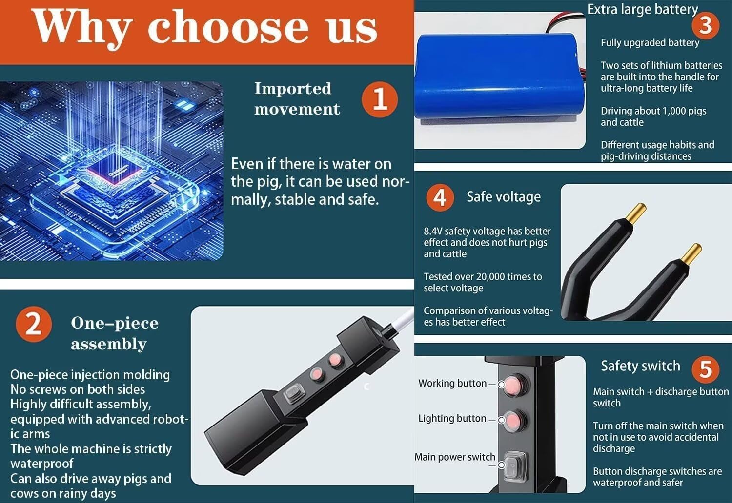 Palo eléctrico para ganado, impermeable, recargable, eléctrico, para aturdir animales, para vaca, cerdo, ganado, cabras, perro grande y más, funciona con pilas