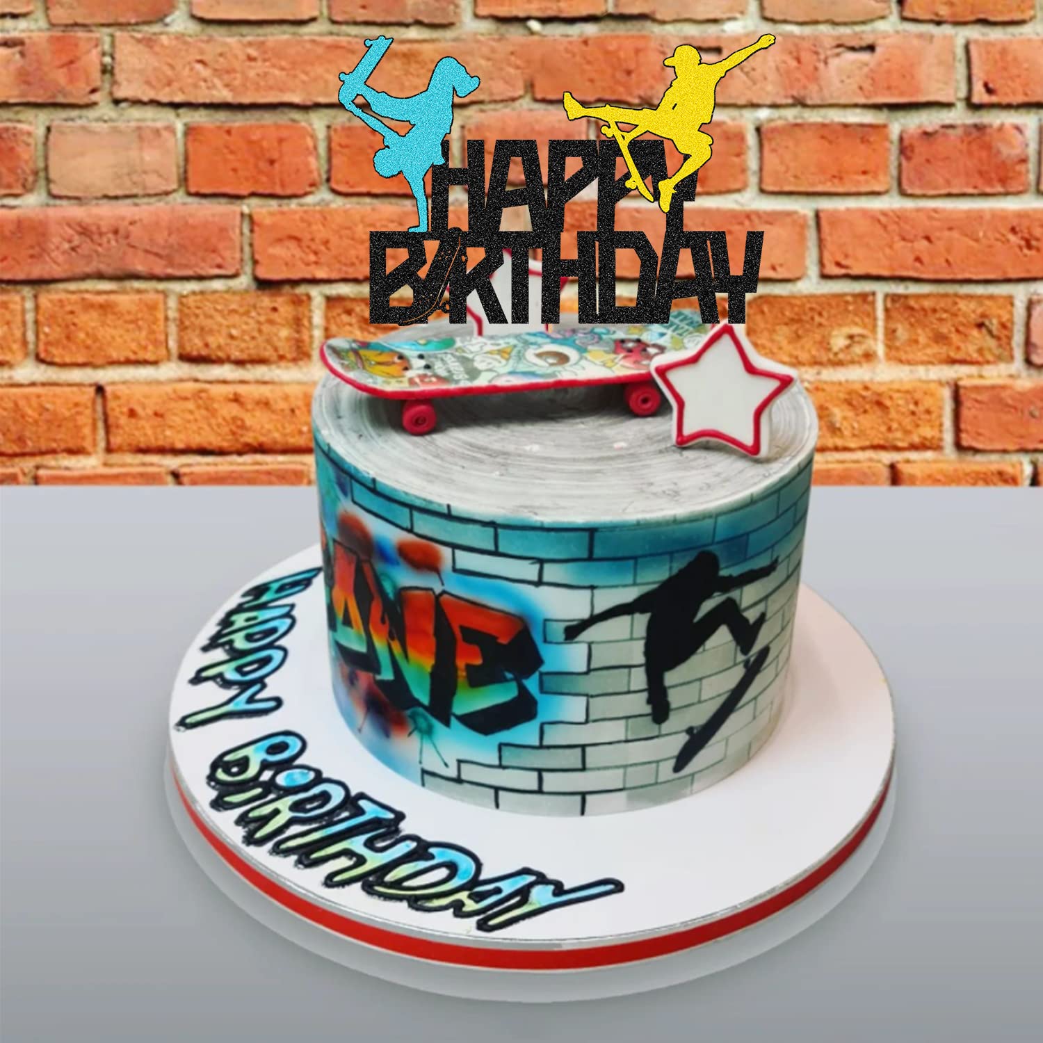 Goldenland Skateboarding Décorations De Gâteau Colorées 1 Grande Décoration De Gâteau Happy Birthday Et 12 Accessoires De Skateboard Cupcake Pour