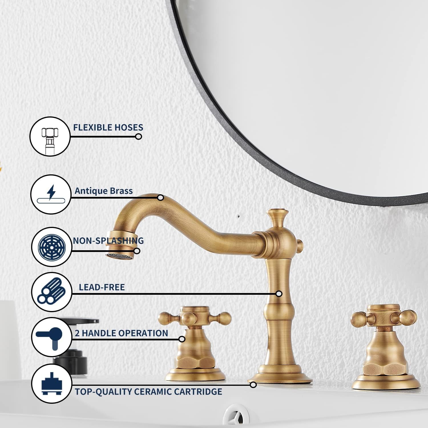 Grifo de lavabo de baño de 3 agujeros, de montaje en cubierta, grifo mezclador de lavabo antiguo de doble asa, grifo de bañera de 8 pulgadas con 2 asas, grifo de bañera de latón antiguo