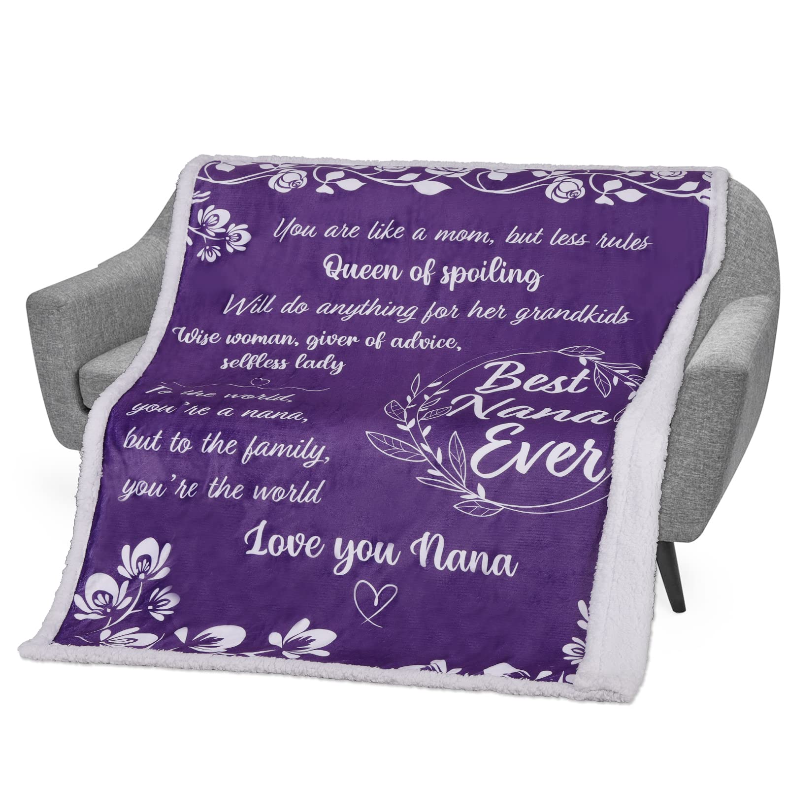 mami home Best Nana Ever Blanket Gift Blankets for Granny with Thick Double Layered Fleece and Sherpa Blanket Fabric | Wholesome I Love You Nana Gifts from Grandchildren Purple 50x60
