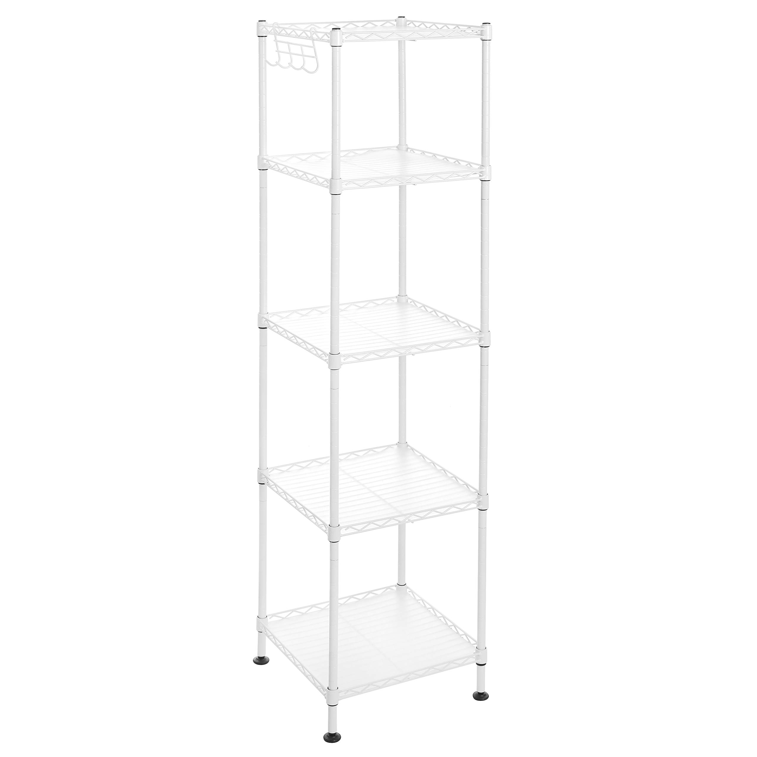 SONGMICS Estantería Baño, Estantería Metal, Carga Total de 100 kg, 5 Hojas de PP, Ganchos Desmontables, 30 x 30 x 123,5 cm, Diseño Expandible, para Espacio Pequeño, Blanco y Traslúcido LGR023W01