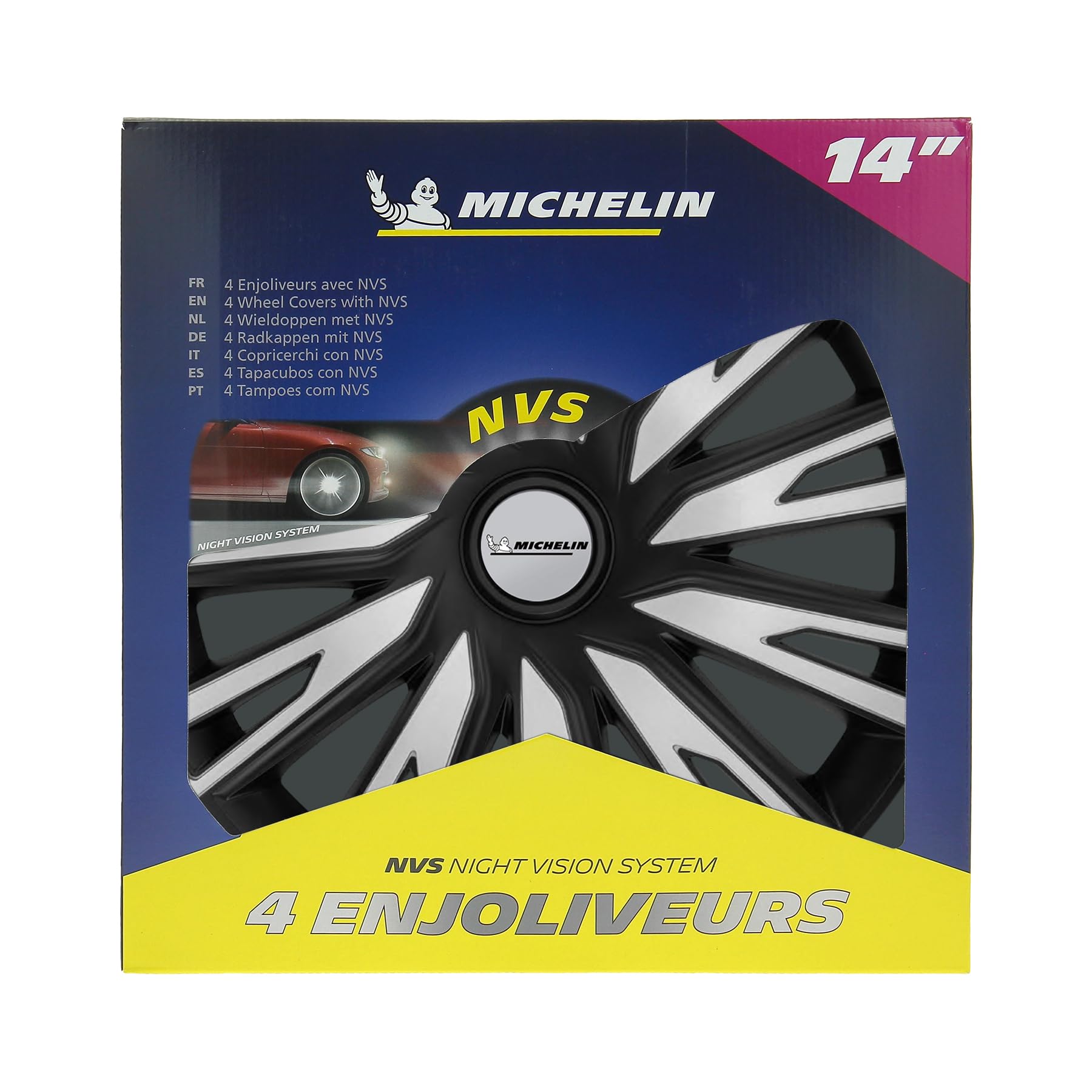 Michelin 4 Copricerchi Auto Argento & Nero 14 pollici - Sistema NVS Night Vision Security - Universali Fissaggio Facile