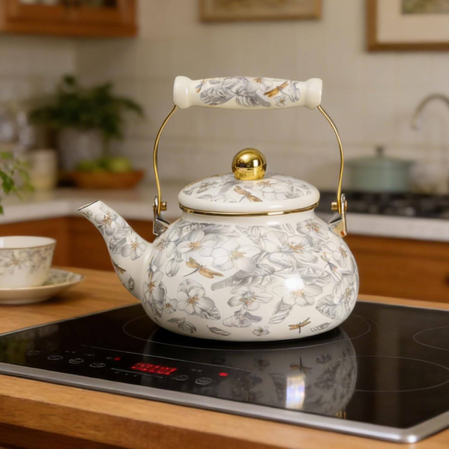 2.6 Quarts Enamel Floral Teapot for Gas Stove, Vintage Tea Pot Stovetop with Anti-Hot Handle Kettle for Boiling Water Coffee or Milk