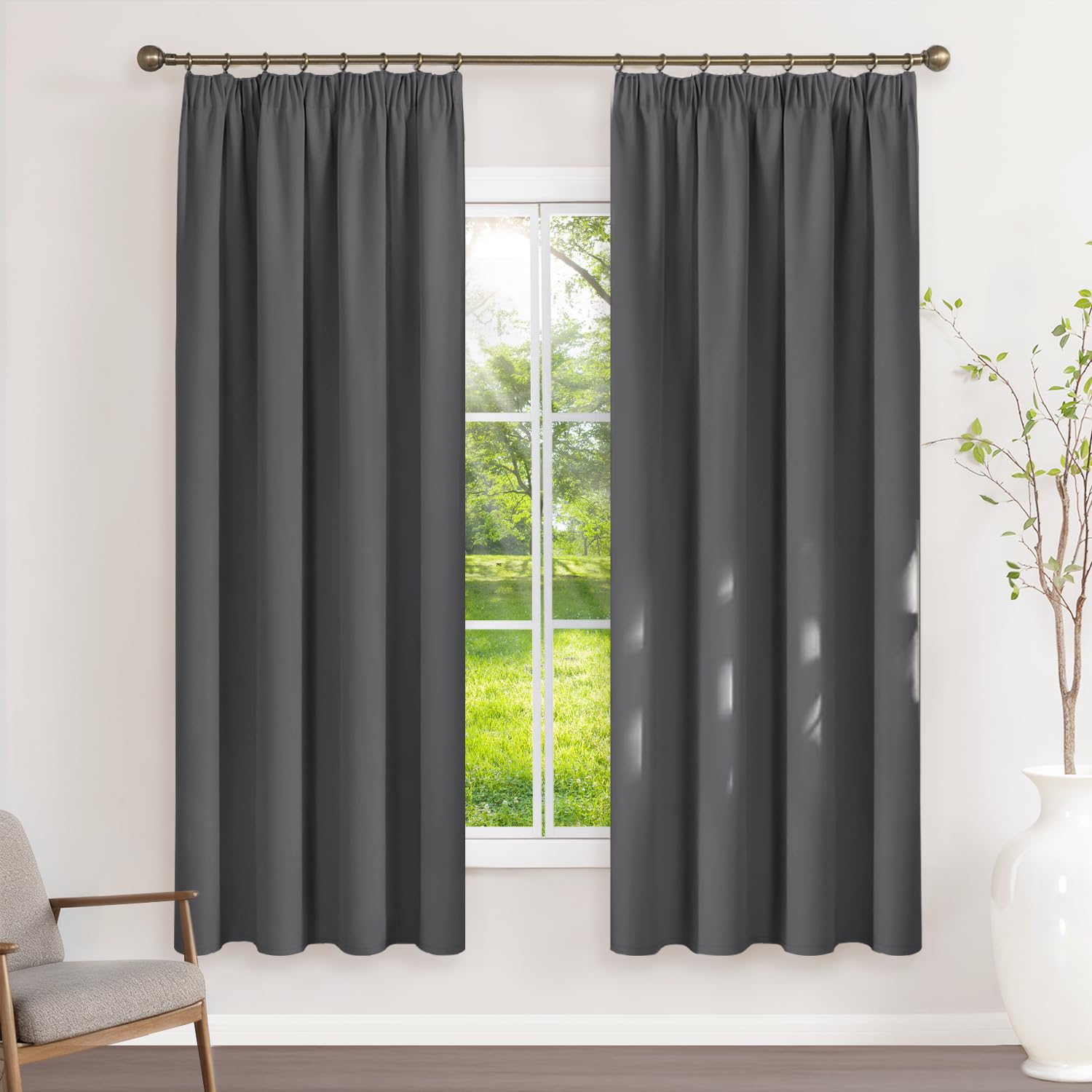 Runyéla Pencil Pleat Blackout Curtains for Bedroom Grey Thermal Curtain 52 x 63 Inch Drop Living Room Kitchen 2 Panels Dark Gray