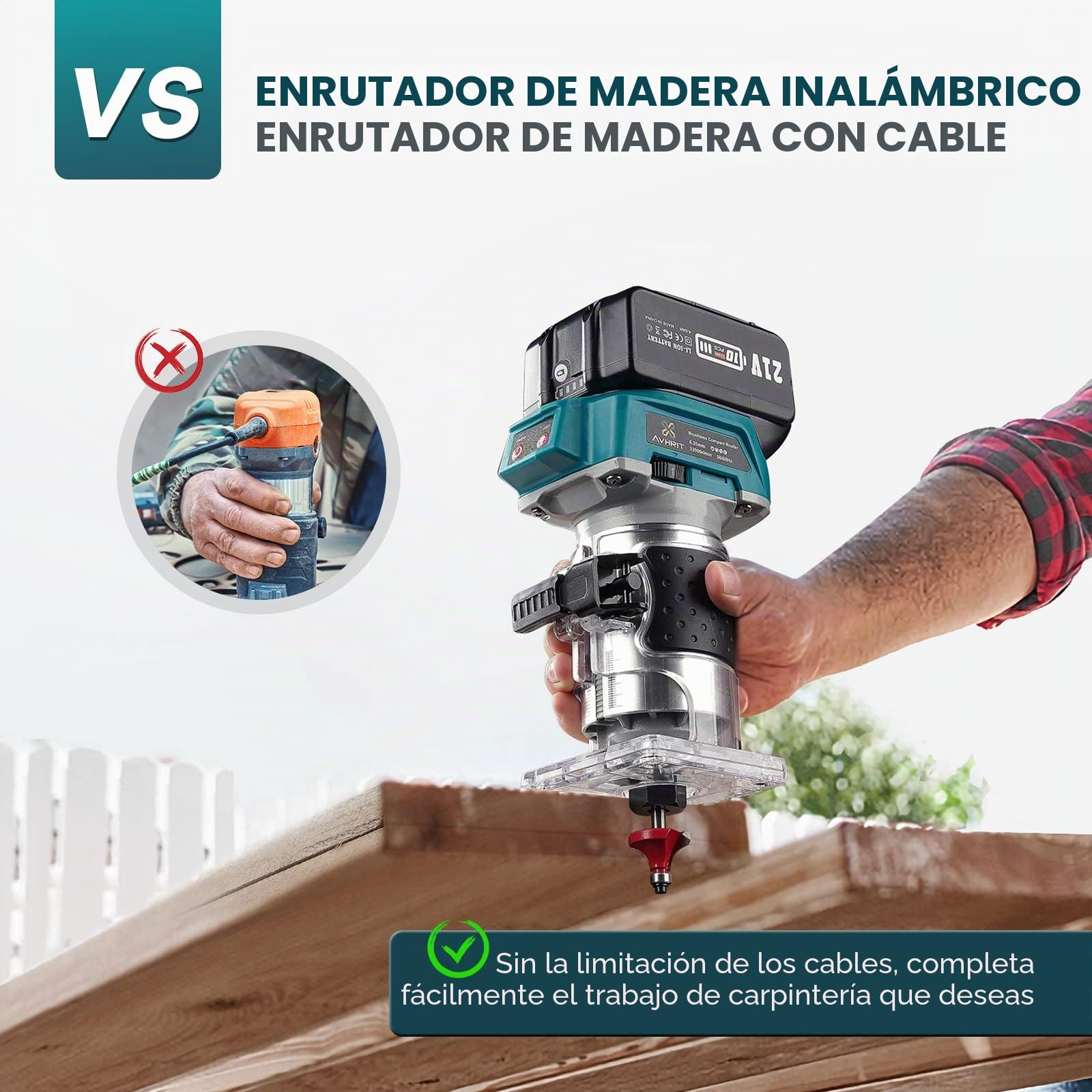 Fresadora Inalámbrica para Madera 21V, Fresadora de Madera Compacta con 2 Baterías 4.0Ah, 6 Velocidades, 33.000RPM, 15 Mandriles Collets 1/4" resadora Madera para carpintería