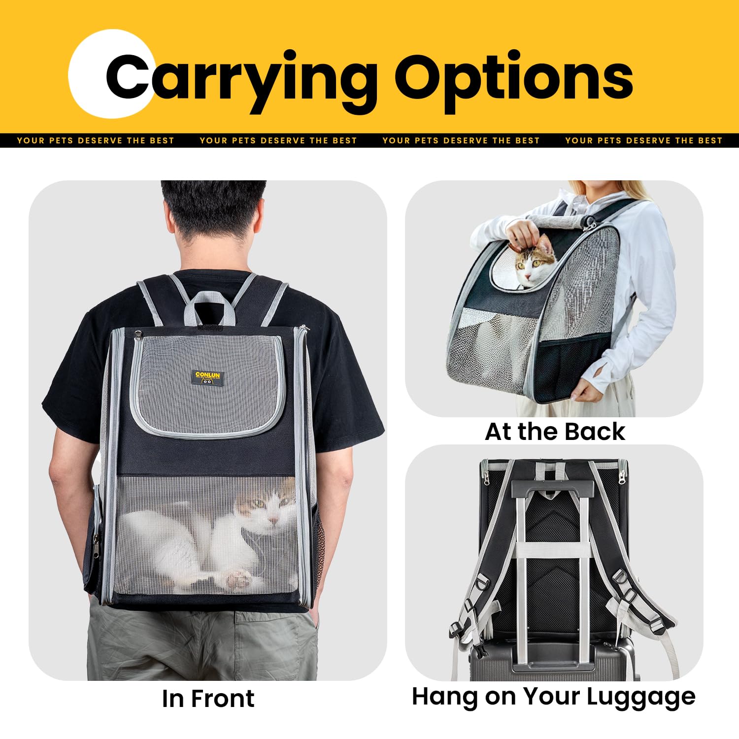 Conlun Mochila Gato y Transportin Perro pequeño para Perros pequeños y Gatos de hasta 7 kg, Mochila para Perros Ventanas de Malla en 3 Lados, para Viajes y Senderismo,Gris