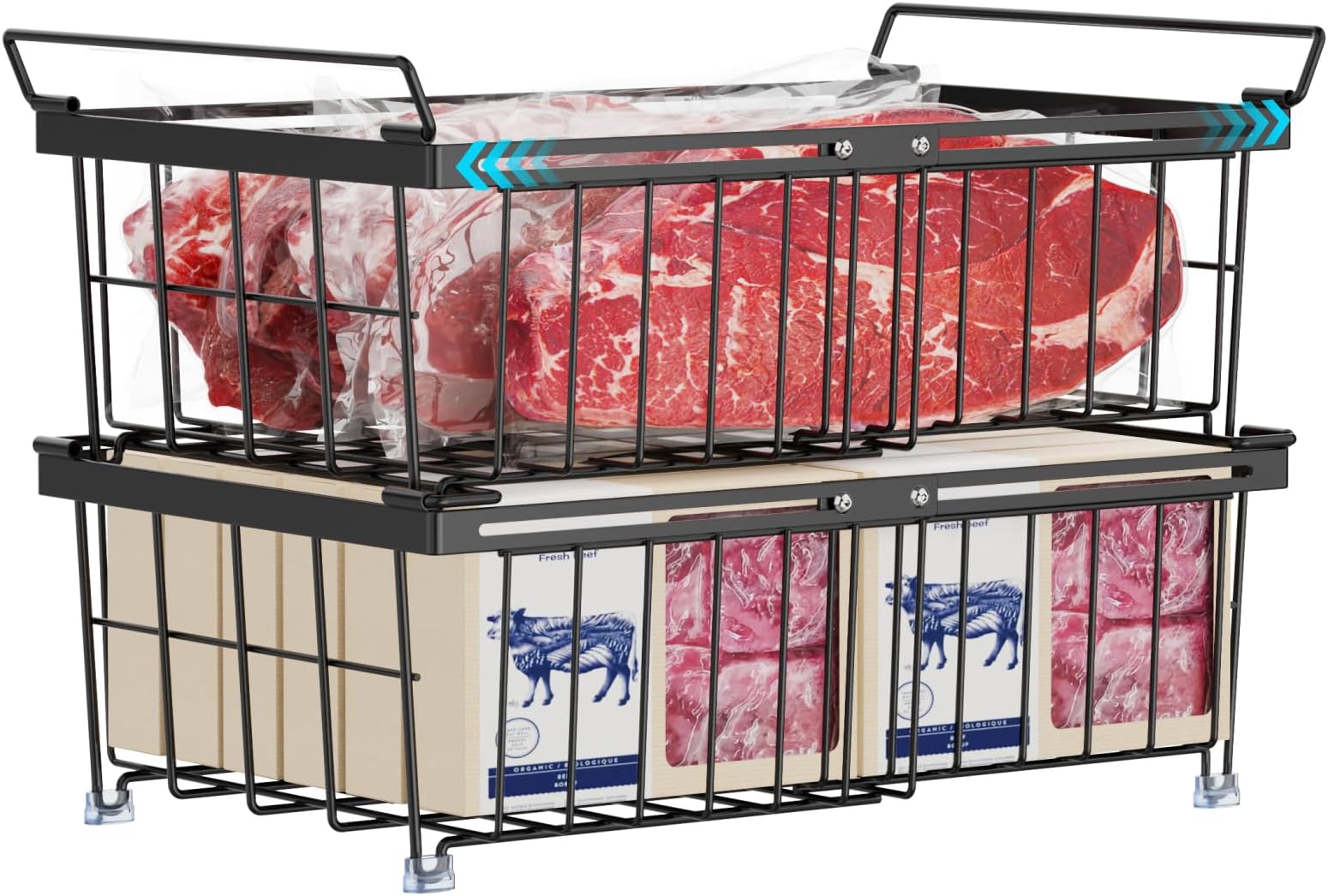 2 Pack Freezer Organizer Bins - Fit 10 to 20 Cu.Ft Deep Freezer, Expandable Wire Storage Chest Freezer Baskets for Frozen Food, Stackable with Handles, Black