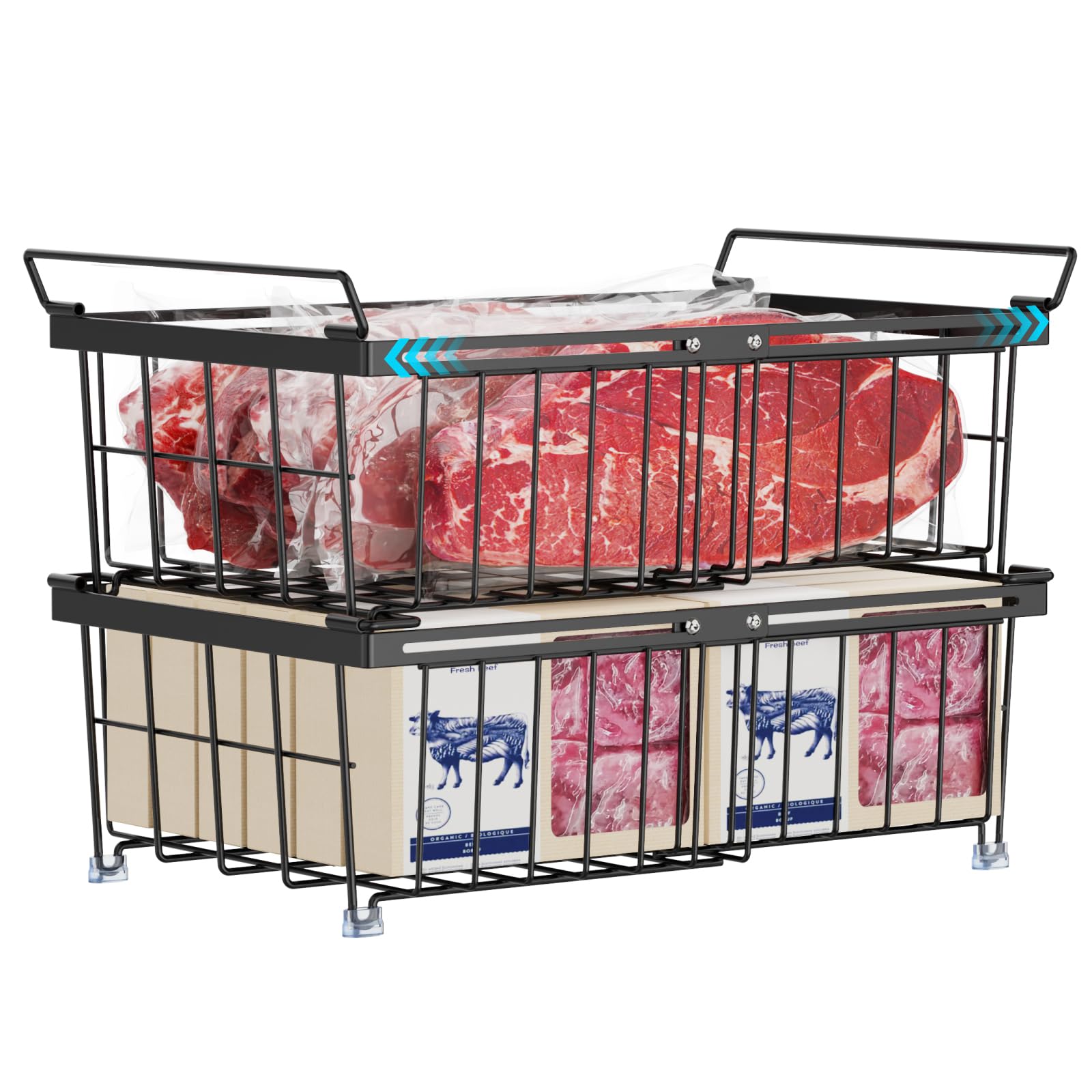 iSPECLE Freezer Organizer Bins - Fit 10 to 20 Cu Ft Chest Freezer, 2 Pack Large Expandable Stackable Deep Freezer Organizer Bins Sort and Easily Get Food without Digging in the Freezer, Black