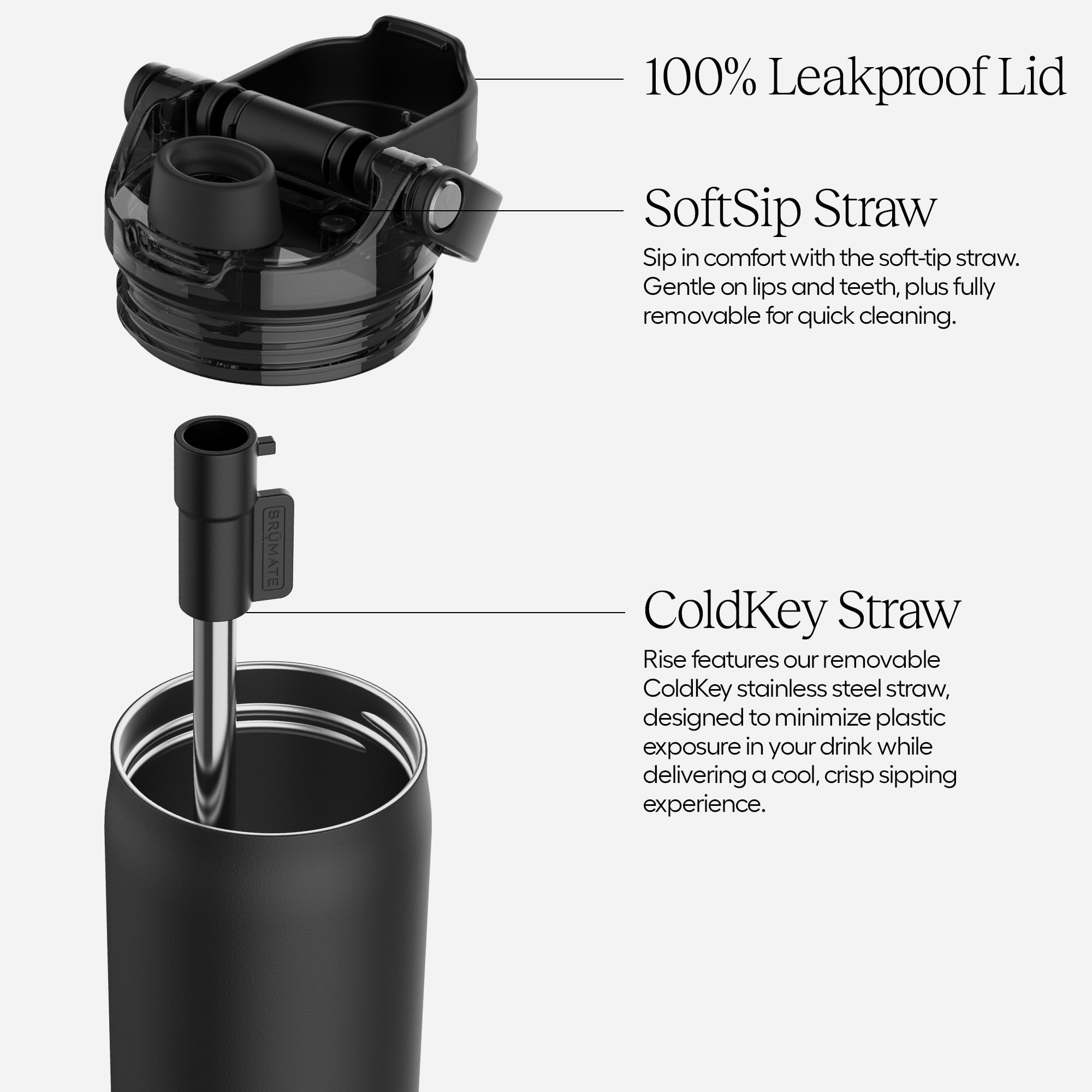 BrüMate Rise Wasserflasche mit 100% auslaufsicherem Silikon-Trinkhalm, isolierte Edelstahl-Wasserflasche, Becherhalterfreundlich, schneller Durchfluss, weicher Trink-Trinktülle aus Silikon, BPA-frei