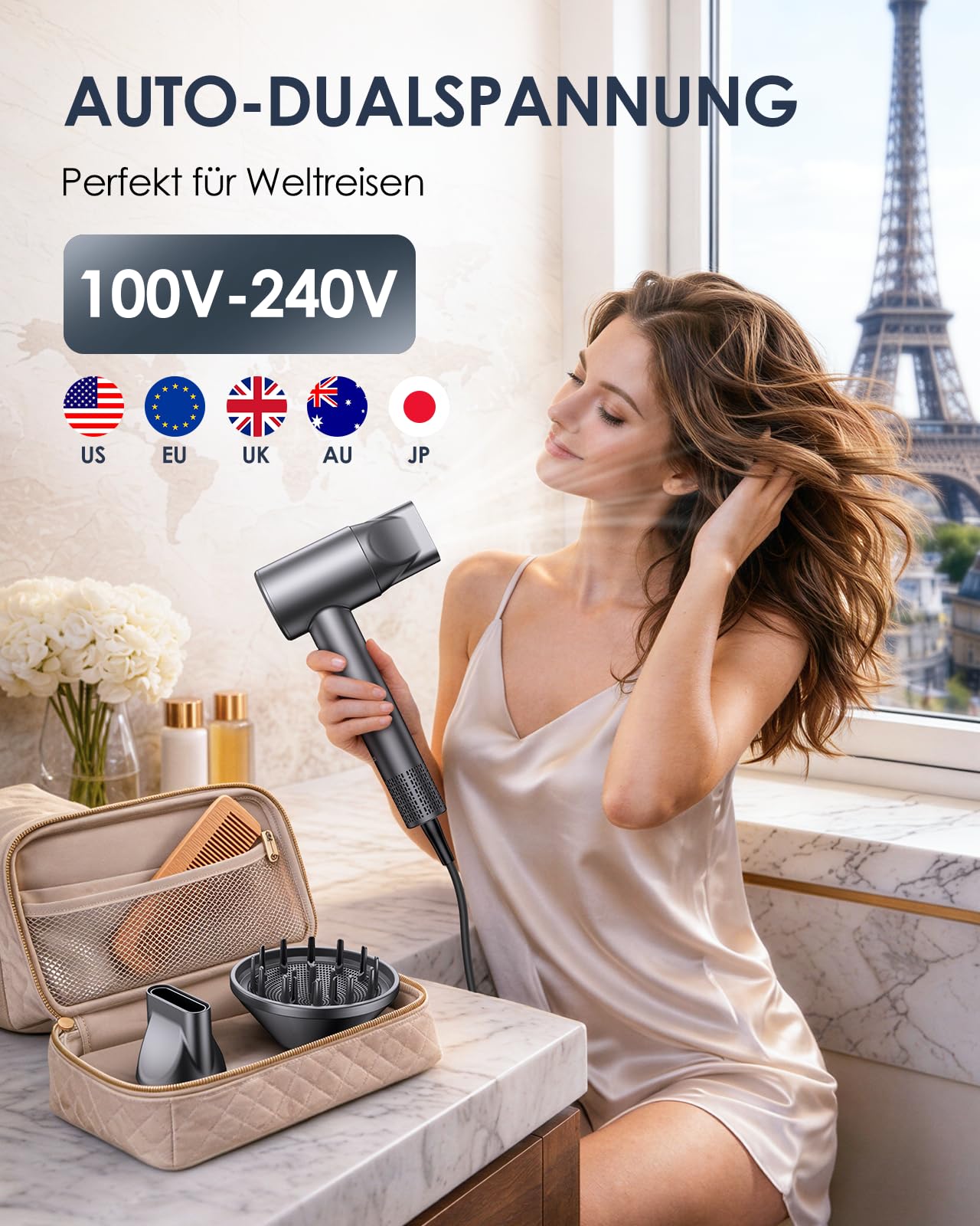 Bopcal Ionen Föhn mit Diffusor, Reise Fön 100-240V, 170000 U/min High-Speed Haartrockner mit 500 Mio. Negativen Ionen, Anti-Frizz, Schnelles Trocknen, Leise, Ideal für Geschenk
