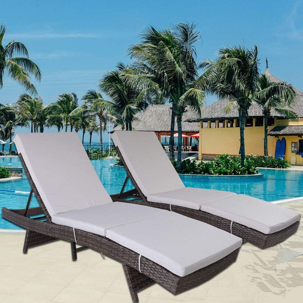 Patio Furniture Chaise Lounge PE Brown Rattan Lounger Light Grey Cushion Garden Chair Outdoor Pool Sunbed Daybeds (2pcs, Light Grey)