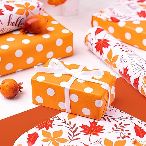 Miniatura 6 de WRAPAHOLIC Papel de regalo reversible de otoño, mini rollo, 17 pulgadas x 33 pies, diseño otoñal de hojas de arce y lunares naranjas para