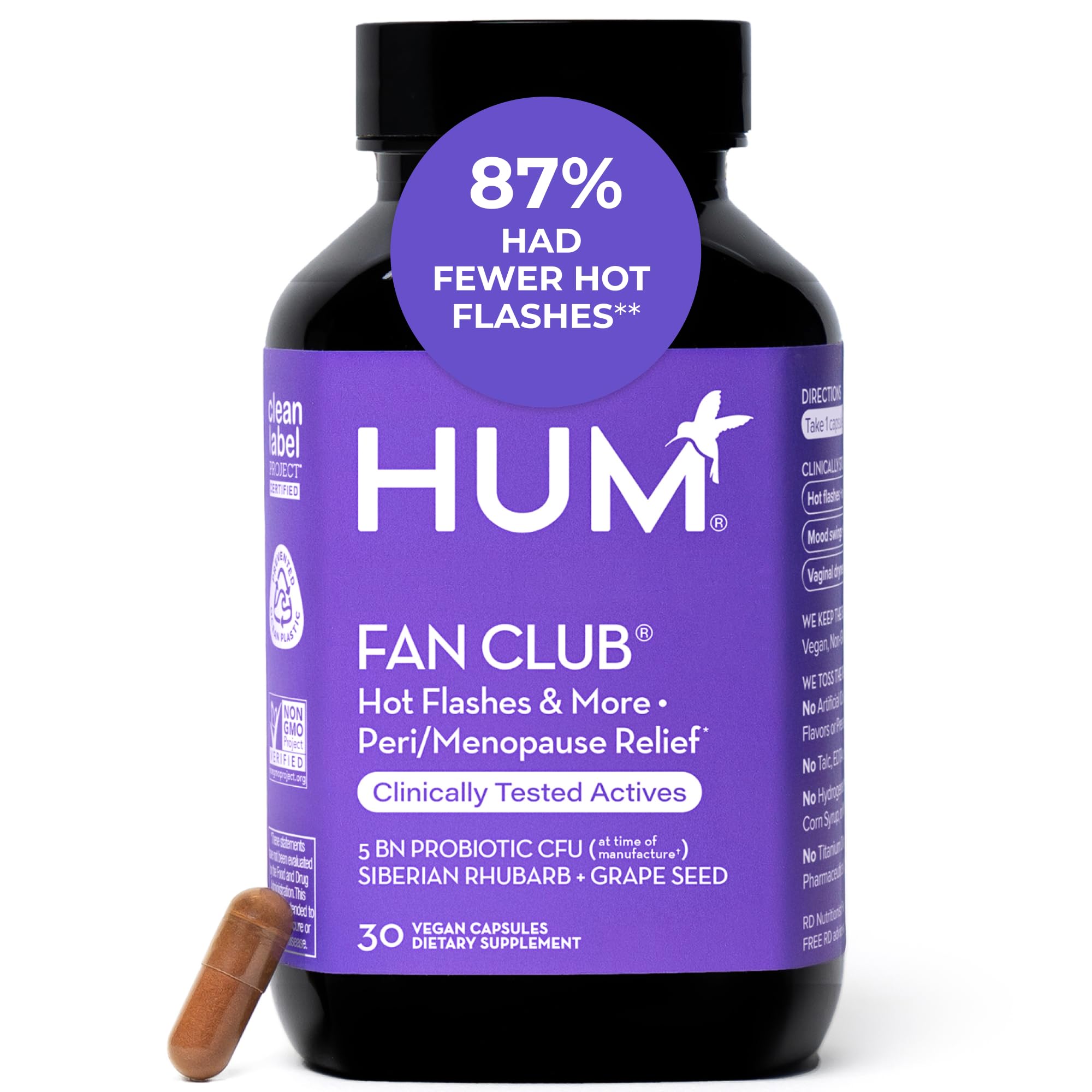 HUM Fan Club - Menopause Relief Supplement with Probiotics & Siberian Rhubarb - May Provide Hot Flash Relief, Sleep & Mood Support - Menopause Symptom Support for Women (30 Vegan Capsules, 30 Days)