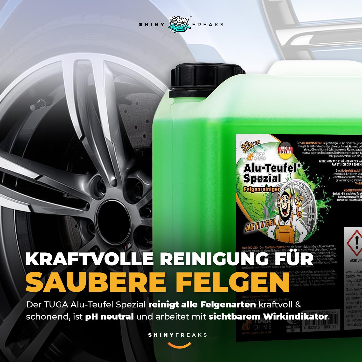 Felgenpflege Set: TUGA Chemie Alu-Teufel Spezial 5 Liter Felgenreiniger Alufelgen + chemicalworkz Sprühflasche mit 360° Canyon Trigger - gründliche Reinigung für Alufelgen & Stahlfelgen | 2-teilig